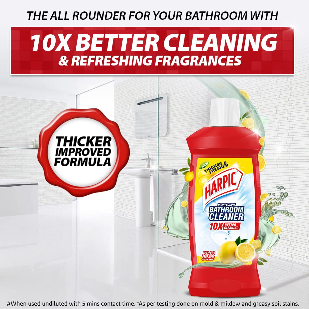 Harpic Lemon Bathroom Cleaner Liquid - 1 Litre | Thick Formula for Floors & Tiles | Powerful Toilet & Bathroom Disinfectant | Fresh Lemon Scent for Home & Commercial Use