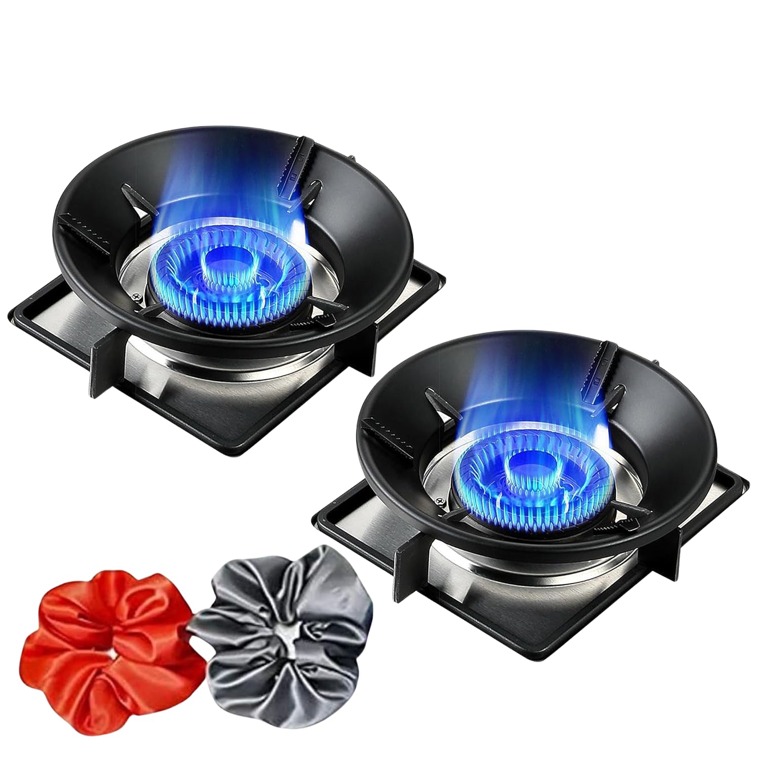 360° Windproof Gas Burner Stand for Stove - Round Kitchen Gas Saver Burner Stand with Free 2 Scrunchies (Black, 2-Pack) | Perfect for Outdoor Camping & Indoor Cooking