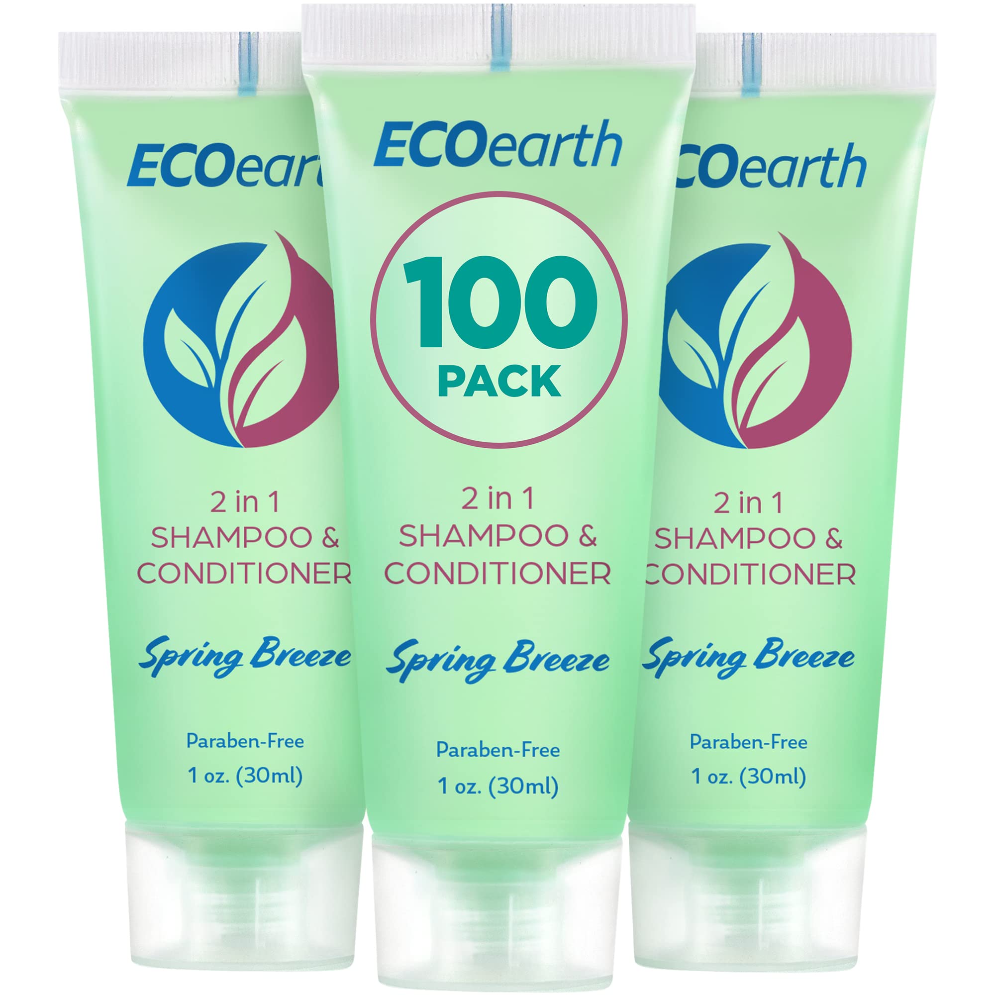 EcoEarth Travel Size 2-in-1 Shampoo & Conditioner (1 fl oz, 100 Pack) - Spring Breeze Scent | Bulk Hotel Toiletries for Guests | Moisturizing & Refreshing Hair Care | Perfect for Hotels, Airbnbs, Gyms, and Travel Amenities