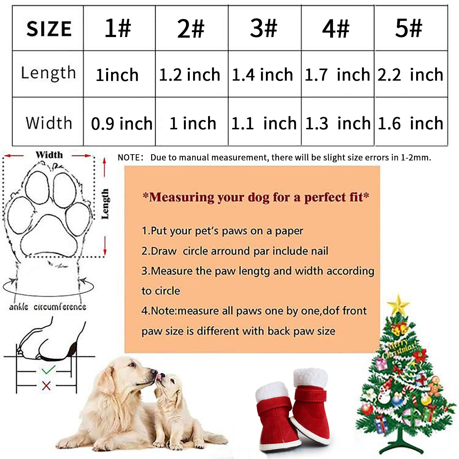 URBEST 2 Pairs Red Christmas Dog Boots with Detachable Closure - Cute Winter Puppy Shoes for Small Medium Dogs (Size 5, Red) - Perfect for Holiday Photos & Snowy Walks