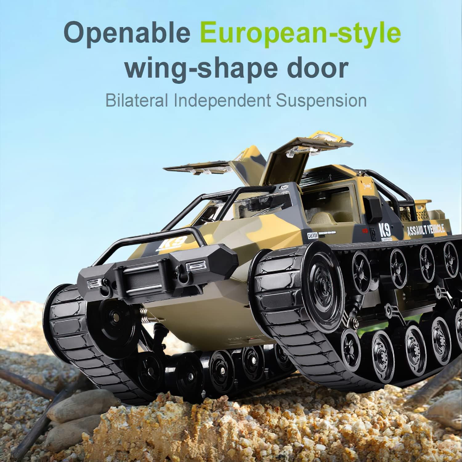 1:12 Scale 2.4Ghz Remote Control Tank - All Terrain 4WD Off-Road RC Crawler with 360° Rotating & Drifting, 2 Rechargeable Batteries - Perfect for Outdoor Adventure, Backyard Play & RC Hobbyists (Yellow)