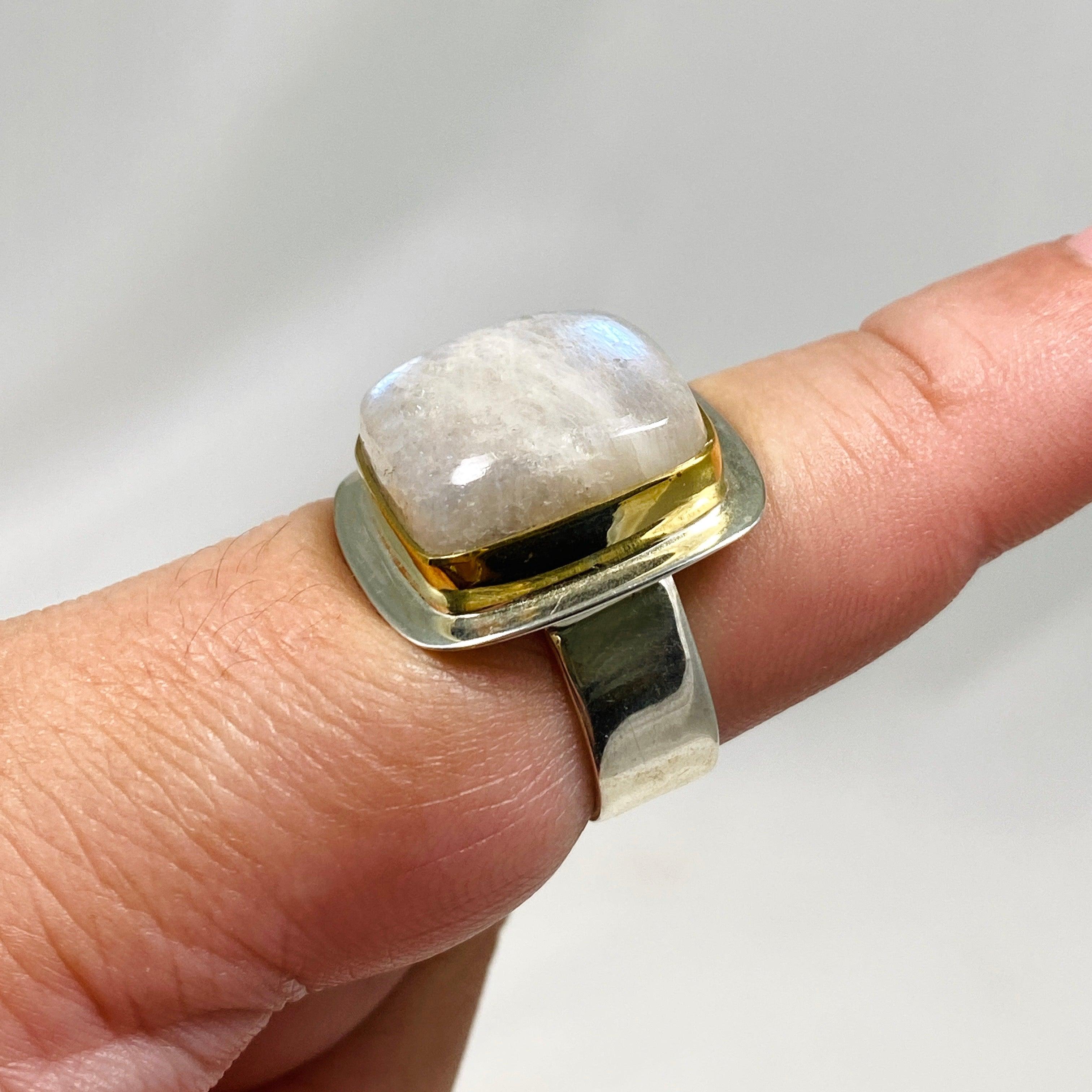 Belomorite Sunstone Moonstone Eclipse Stone Square Ring Size 8 KRGJ2804 - Perfect for Spiritual Healing, Meditation & Unique Jewelry Gifts