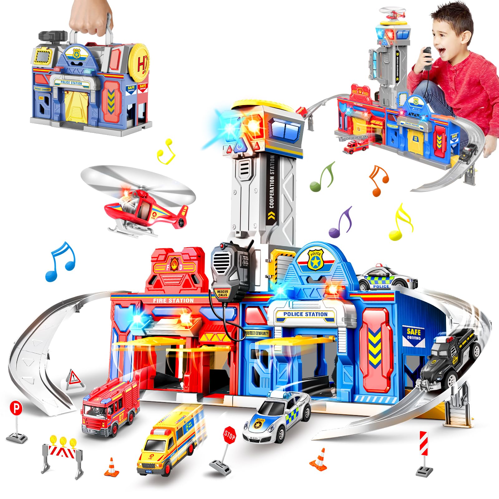29.5'' Large City Action Rescue Vehicle Playset with Lights & Sounds - Police & Fire Station Transform Track with 4 Cars & Helicopter - STEM Learning Toys for 3-6 Year Old Boys & Girls - Perfect for Birthday Gifts & Pretend Play Scenarios