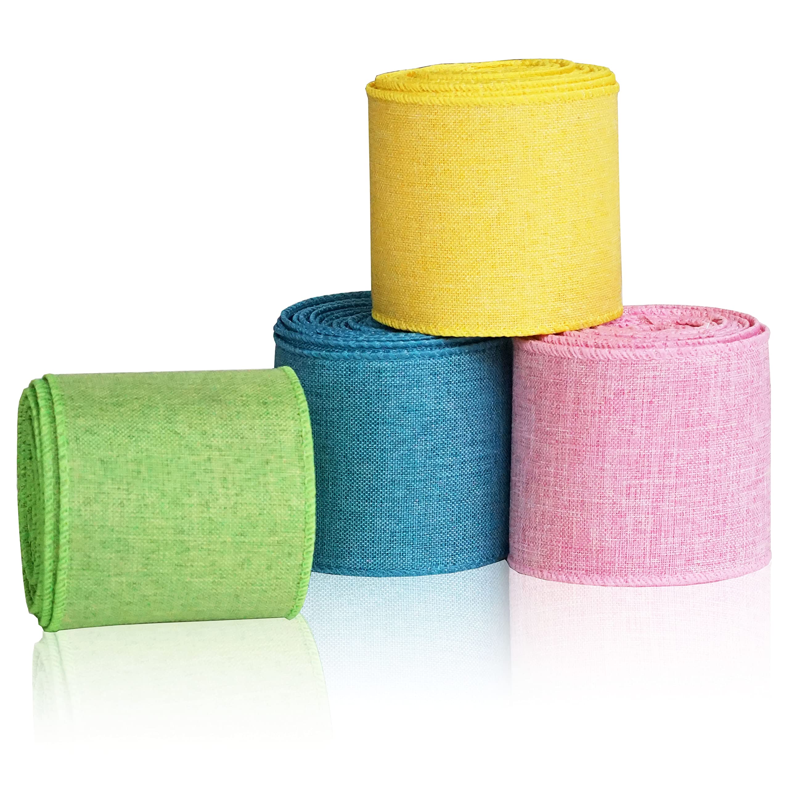 Pastel Easter Wired Ribbon - 4 Rolls for Wreath Decor - Pink, Yellow, Blue, Green - 24 Yards - Perfect for Easter Crafts & Gift Wrapping