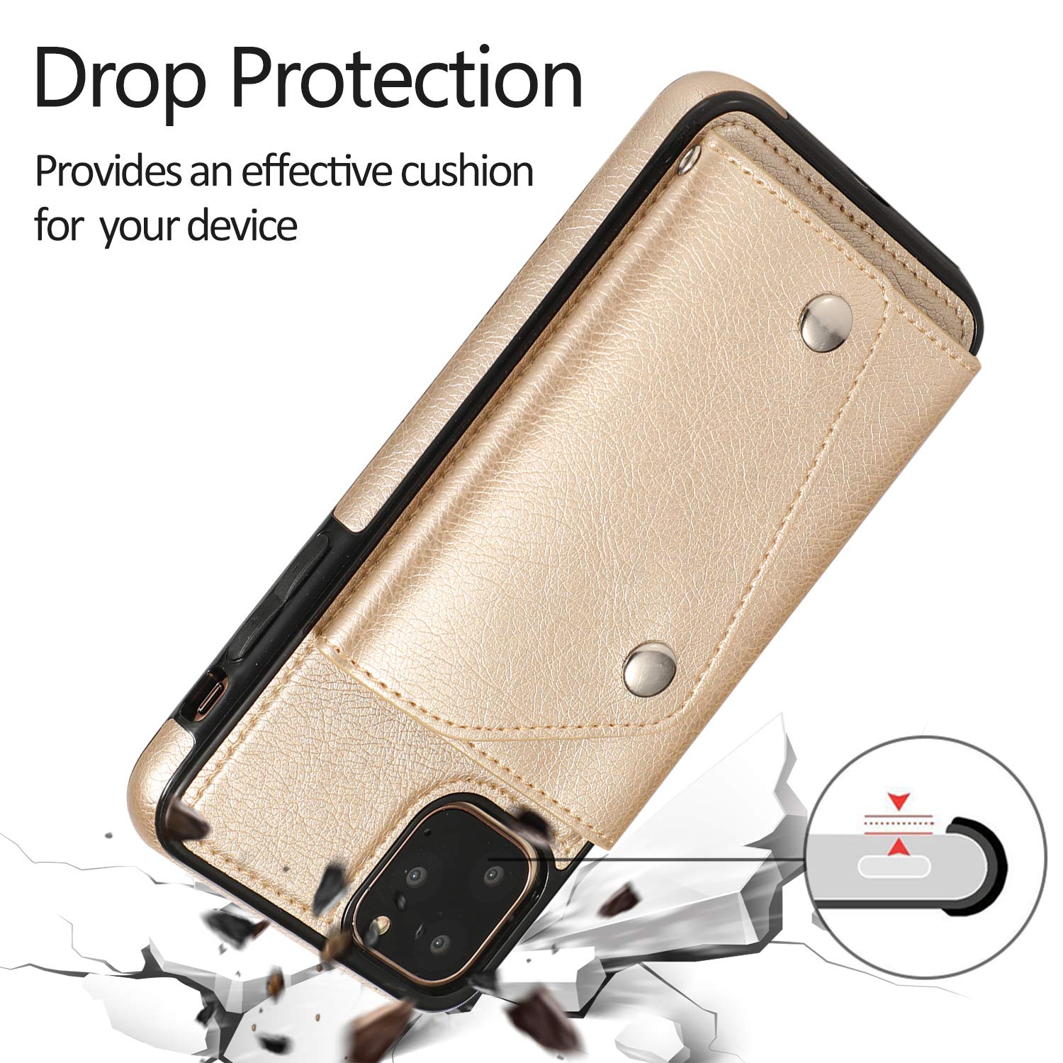 Premium PU Leather Wallet Case for iPhone 11 Pro Max - Card Holder with Neck Strap & Wrist Strap | Slim Protective Cover with Credit Card Slots | Perfect for Travel, Shopping & Everyday Use (Gold)