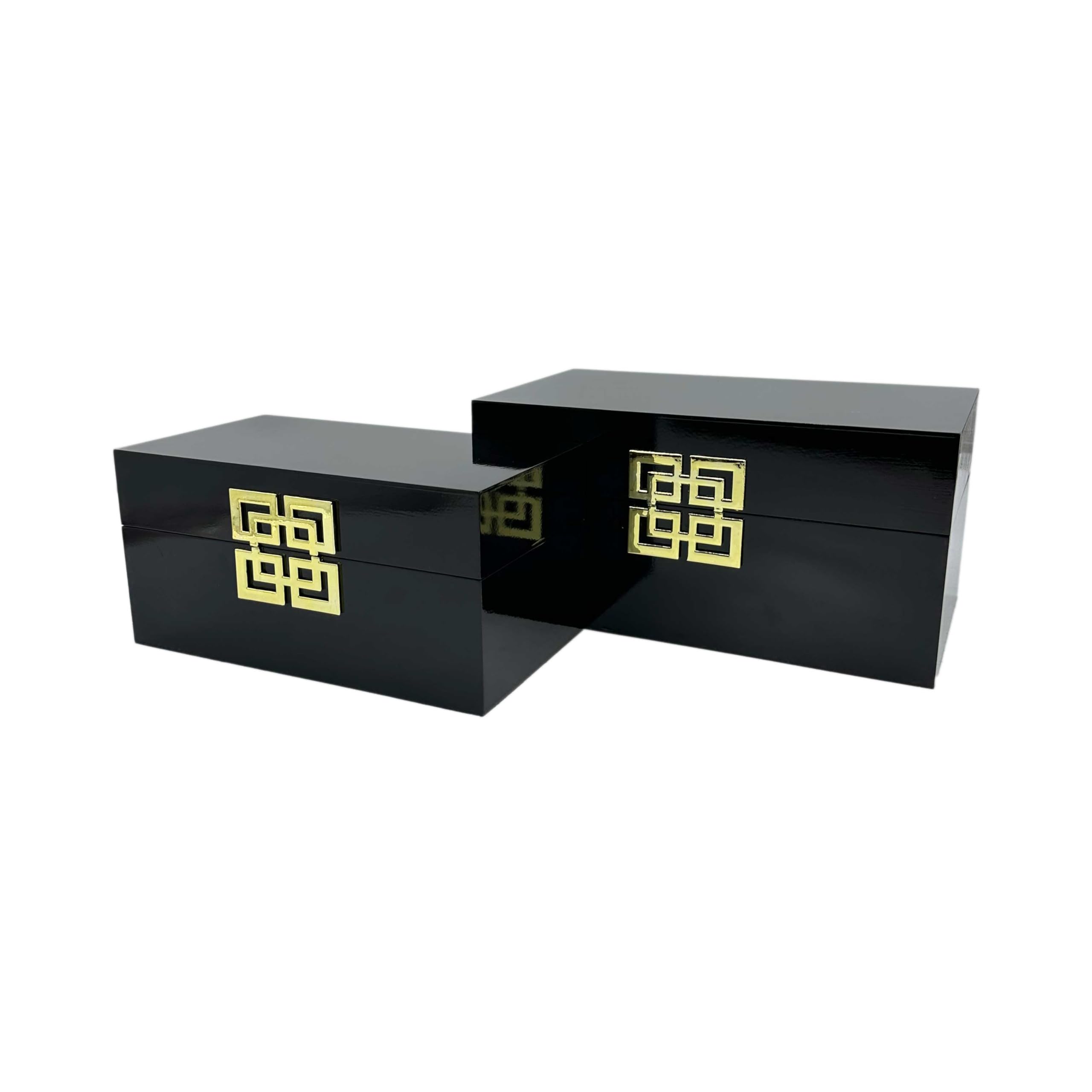 Decorative Wood Storage Box Set with Hinged Lid & Geometric Clasp - Classic Black & Gold Home Decor for Bedroom, Living Room & Office - Set of 2 (Perfect for Jewelry, Keepsakes & Home Organization)