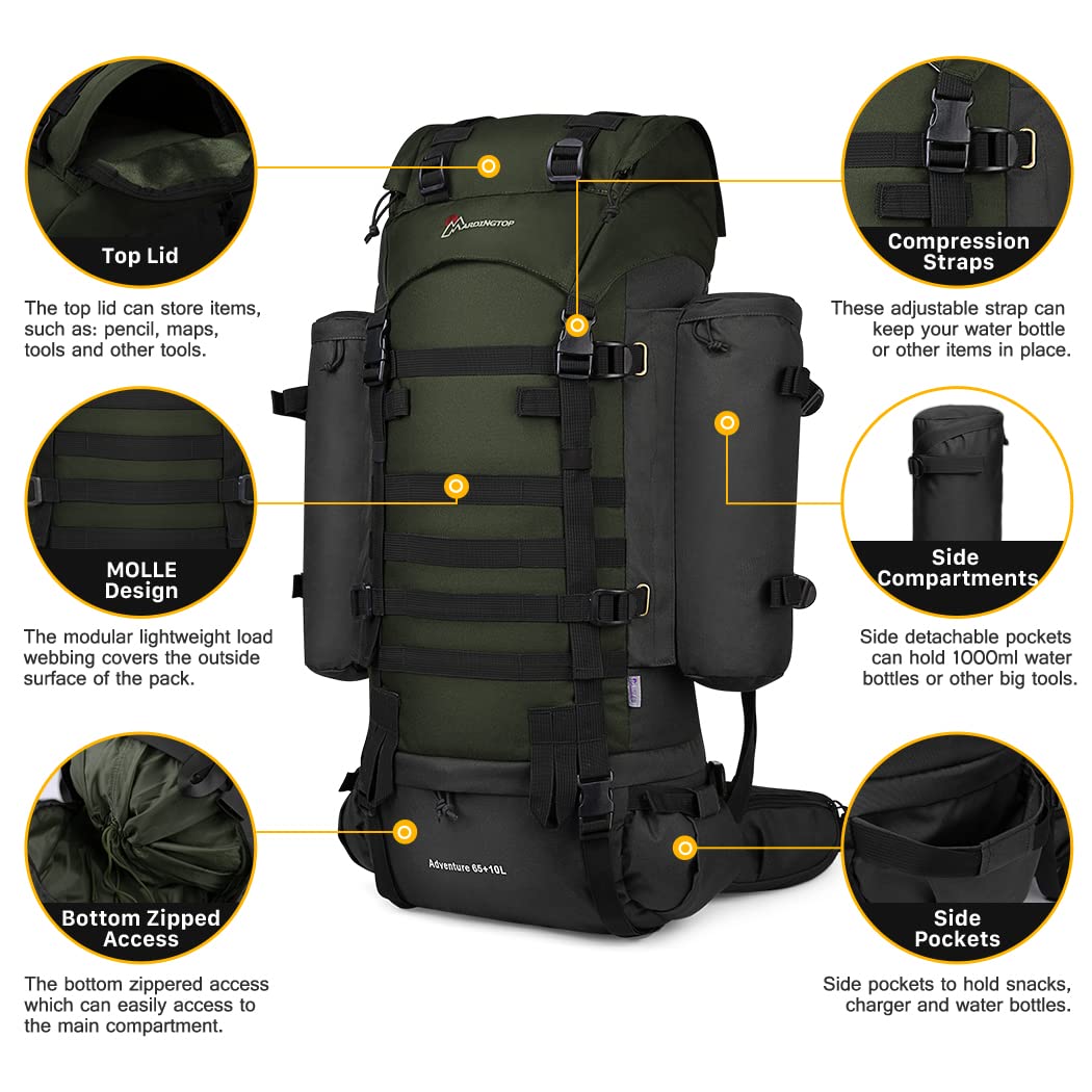 Mardingtop 65+10L Military Tactical Backpack with Rain Cover - Waterproof Hiking Backpack for Trekking, Camping & Outdoor Travel | Perfect for Adventure, Survival Gear & Daily Commute