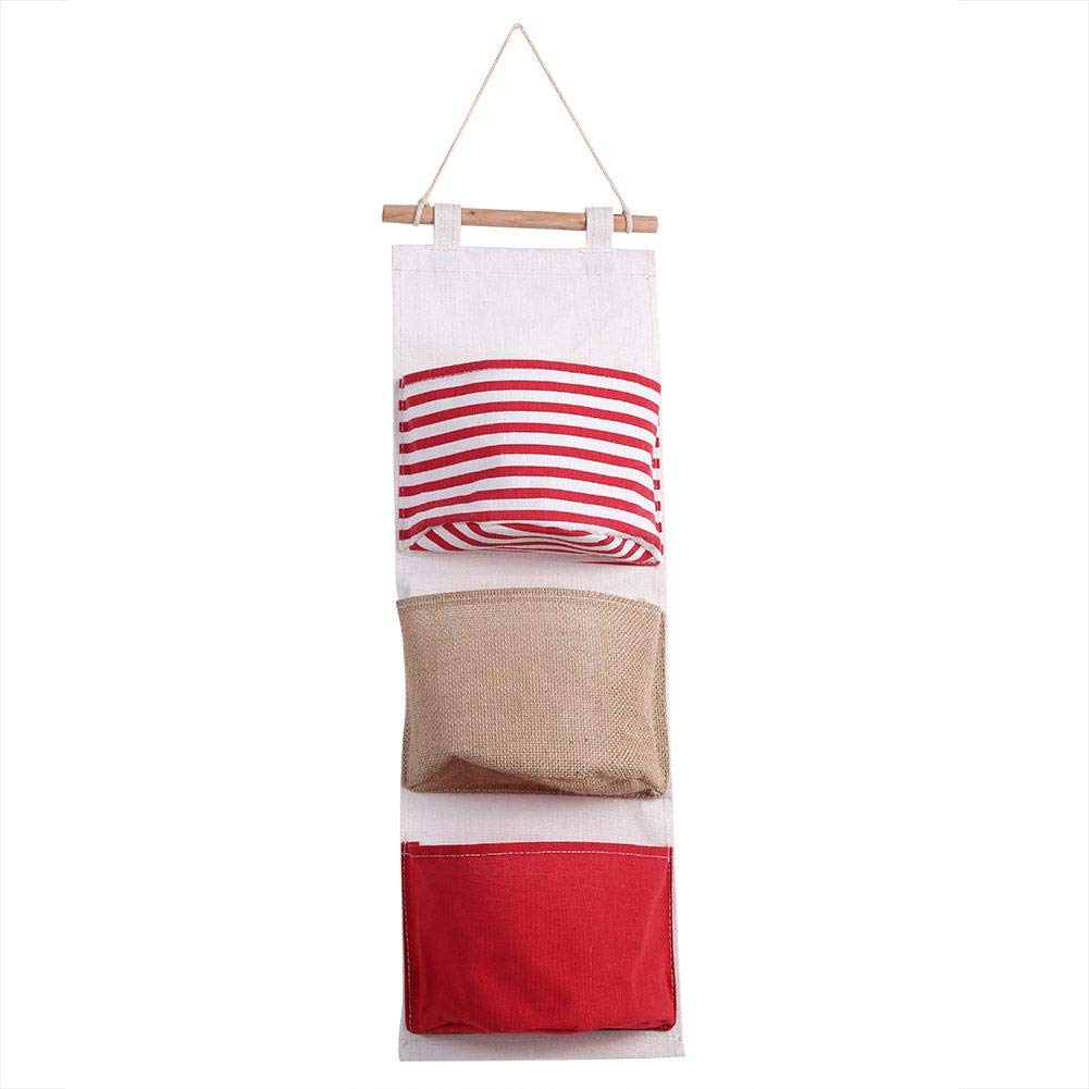 3-Layer Linen Storage Bag - Wall/Door Mounted Organizer for Wardrobe, Toys & Keys (Red) - Space Saving Home Storage Solution