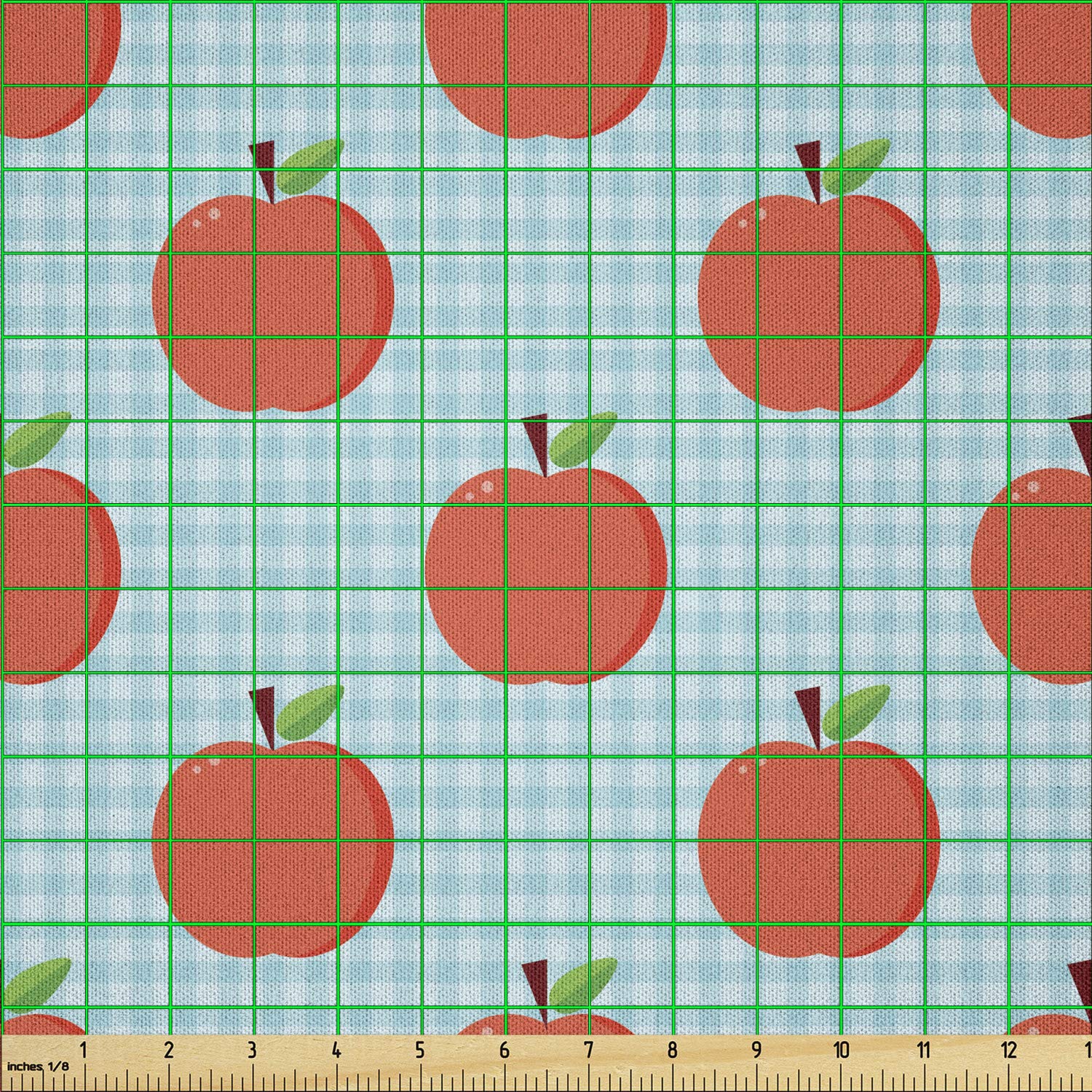 Lunarable Checkered Microfiber Fabric by The Yard - Apples on Tartan Print for Kitchen, Restaurant & Picnic Decor - 5 Yards Vermilion Blue - Perfect for Arts & Crafts, Textiles, Home Decor, Tablecloths, Curtains & DIY Projects