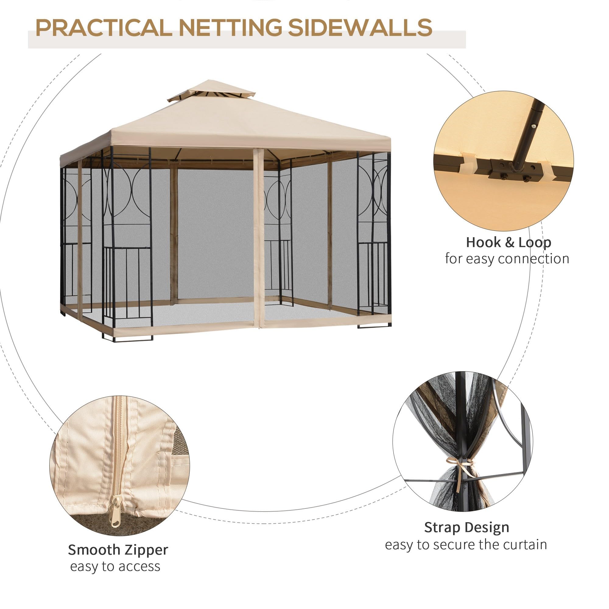 Outsunny 10' x 10' Outdoor Gazebo Canopy with Corner Shelves, Netting & Vented Roof - Perfect for Garden, Lawn, Backyard, Deck, and Patio Parties