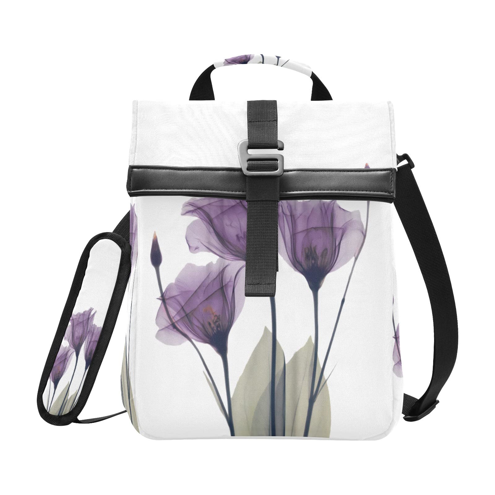 **Insulated Leakproof Foldable Lunch Box with Adjustable Shoulder Strap - Purple Flower Design for Women, Men & Teens - Perfect for School, Office & Picnics**