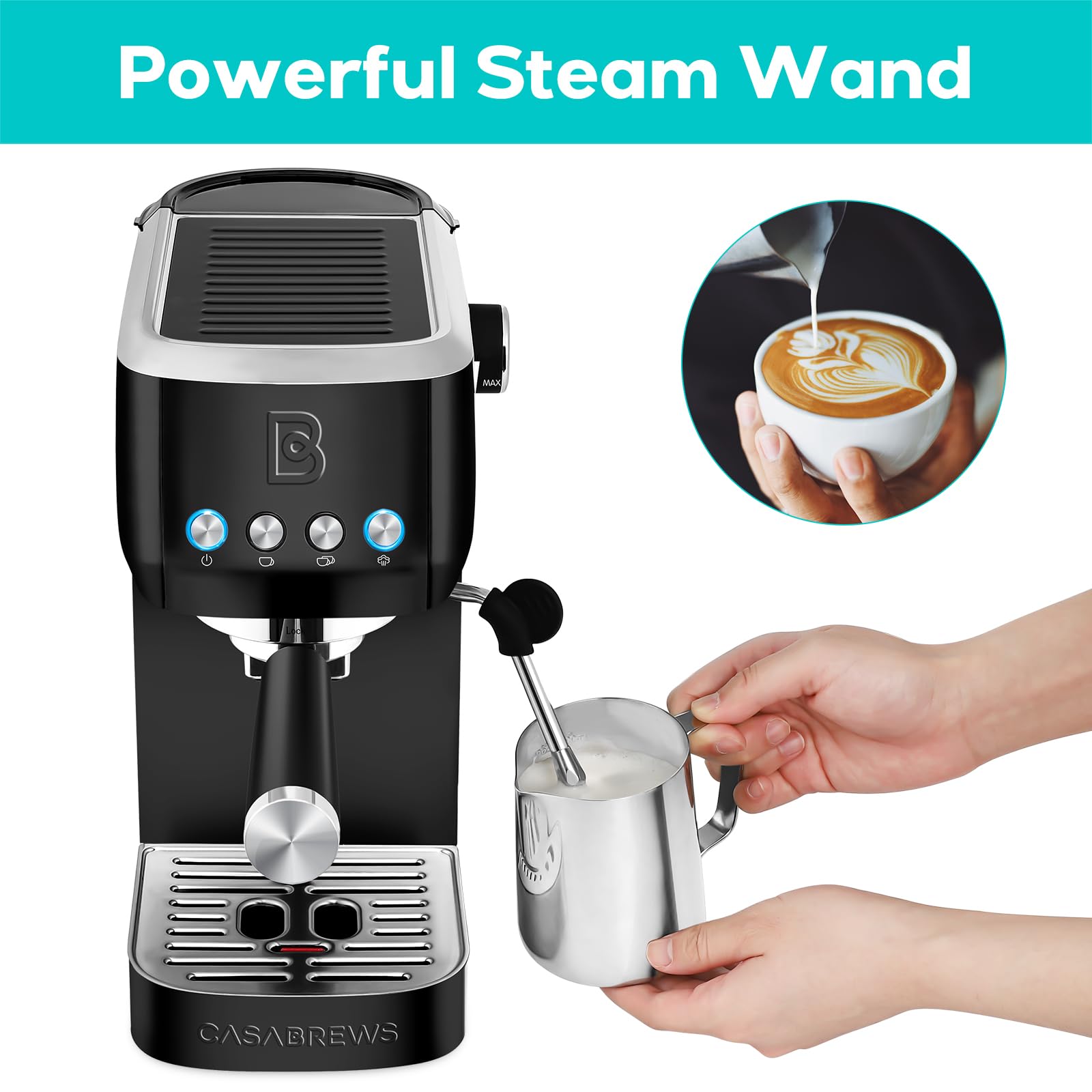 CASABREWS 20 Bar Professional Espresso Machine with Steam Milk Frother - 49oz Removable Water Tank Coffee Maker for Cappuccino & Latte - Perfect for Home Baristas & Coffee Shops (Black)