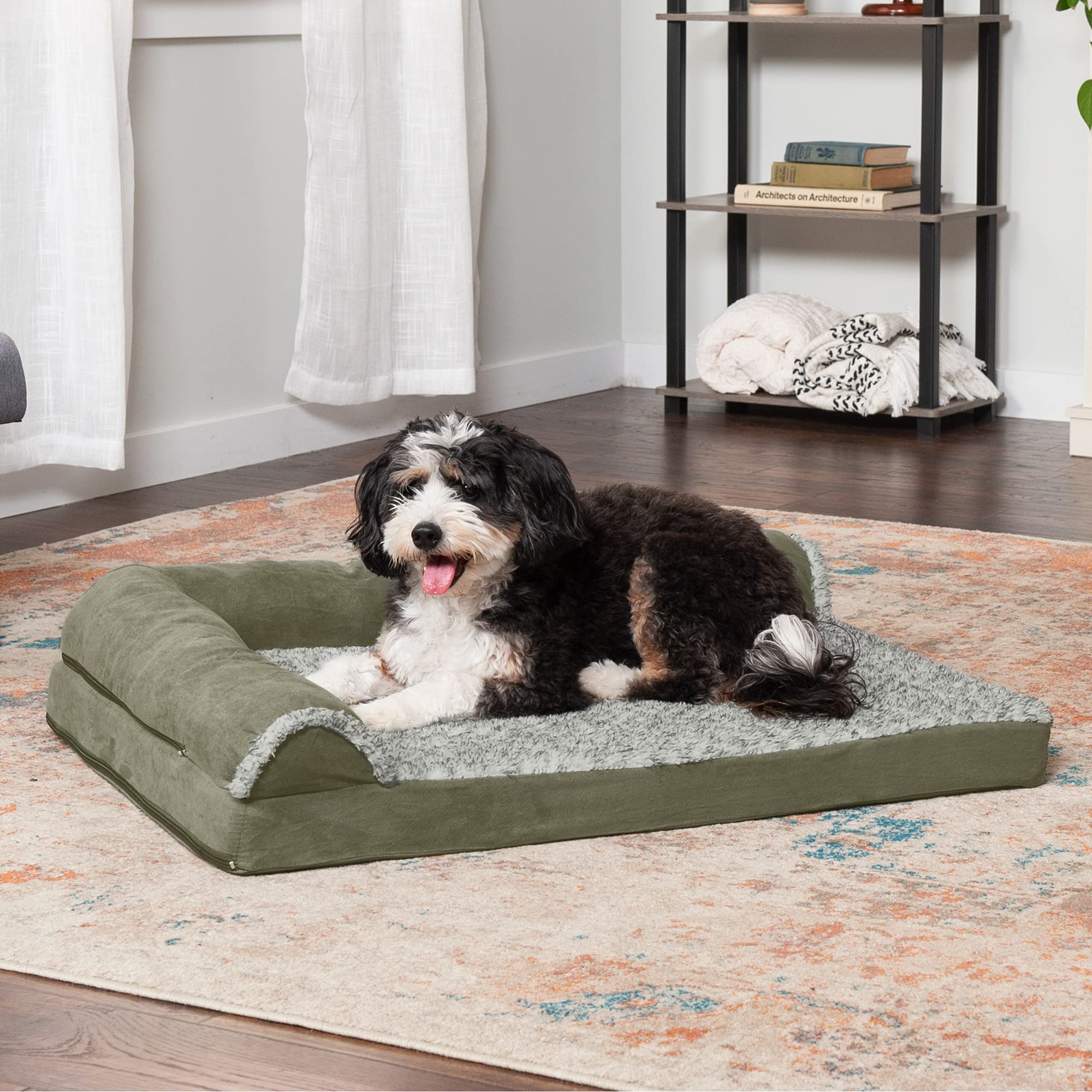 Furhaven Orthopedic Dog Bed for Large Dogs - Washable Cover & Bolsters - Plush Faux Fur & Suede - Perfect for Living Room or Bedroom