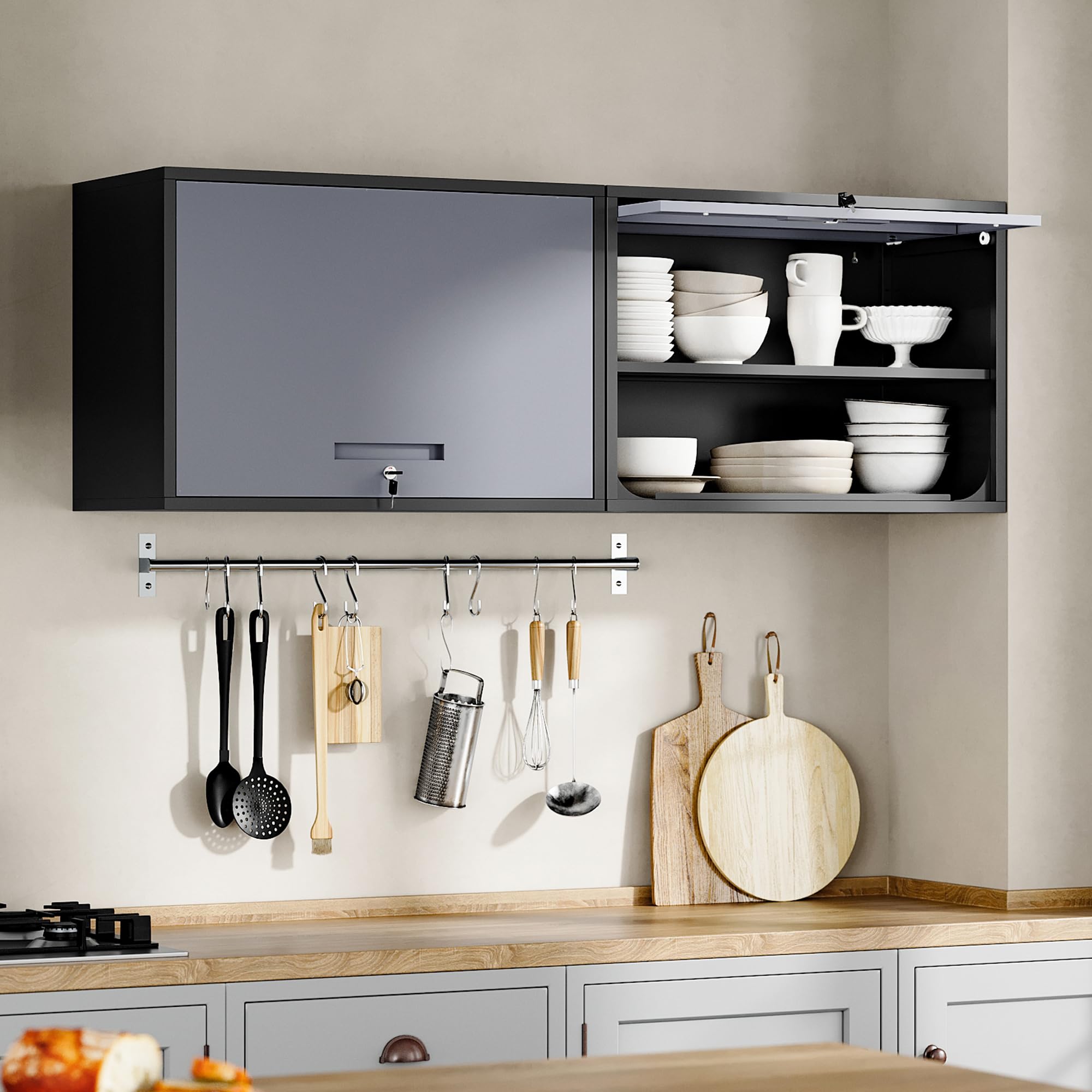 Yizosh Metal Wall Cabinet with Doors and Shelves - Wall Mounted Storage Organizer for Garage, Basement, Kitchen, Warehouse - Heavy Duty Black Gray Cabinet (21.6