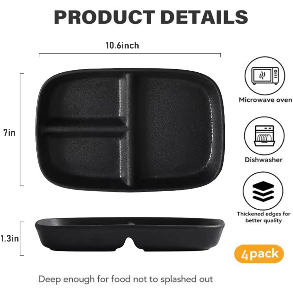 10.5 Inch Divided Plates for Kids & Adults - 3-Compartment Wheat Straw Portion Control Plates | Bariatric, Unbreakable, BPA-Free & Reusable (Grey, 4-Pack) - Perfect for Meal Prep, Portion Control & Family Dinners