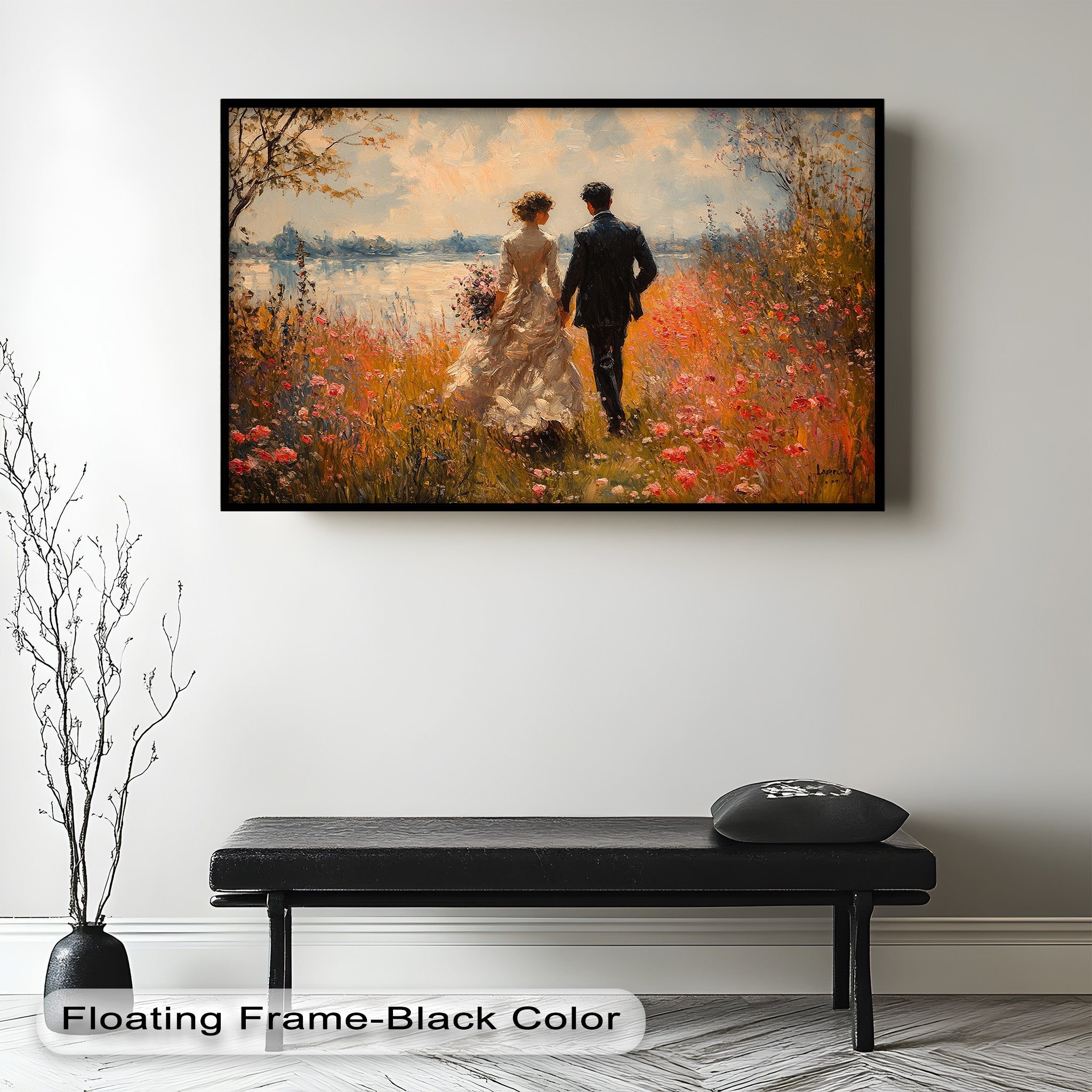 Impressionist Couple in Blooming Field Oil Painting - Romantic Wall Art for Living Room, Bedroom Decor - Perfect Gift for Anniversaries & Weddings