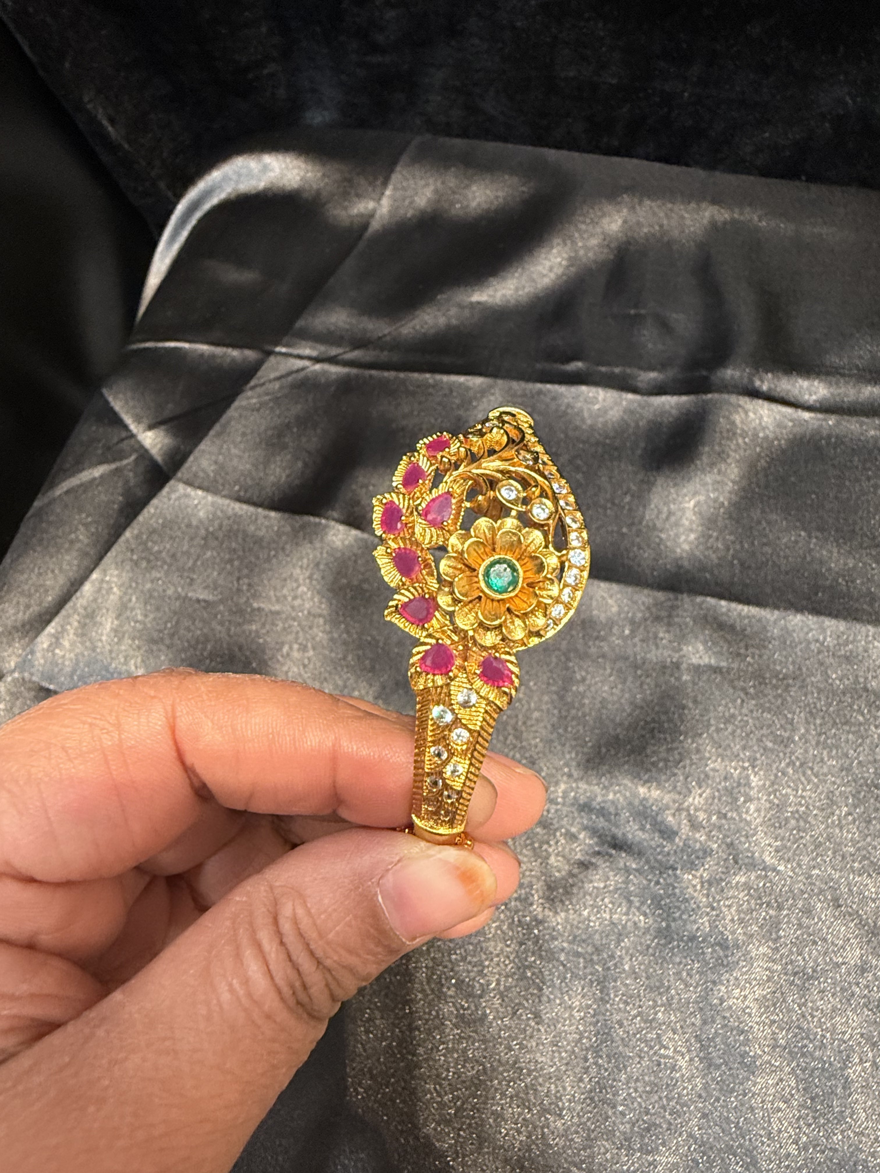Elegant Gold Plated Bracelet with Pink & Green Stones, Floral Leaf Design - Perfect for Weddings, Parties & Gift Giving