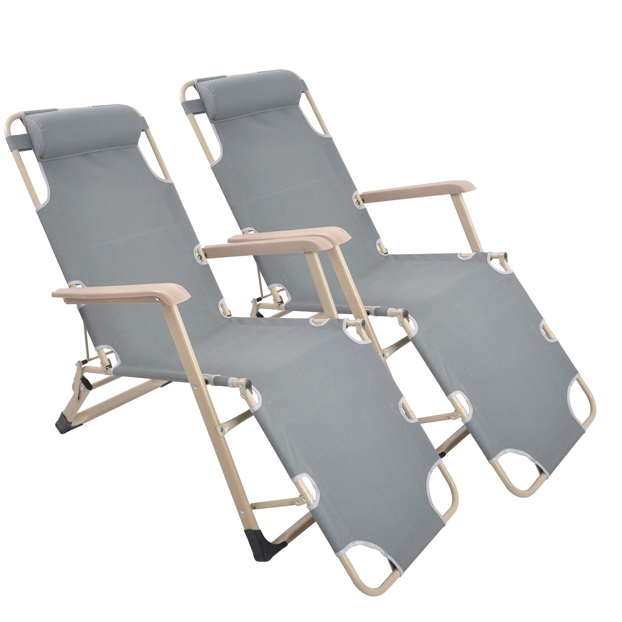 2 Pack Adjustable Patio Chaise Lounge Chairs - Convertible to Full Flat Cots, Foldable Reclining Outdoor Chairs for Lawn, Camping, Beach & Pool - Perfect for Sunbathing, Relaxing and Backyard Lounging