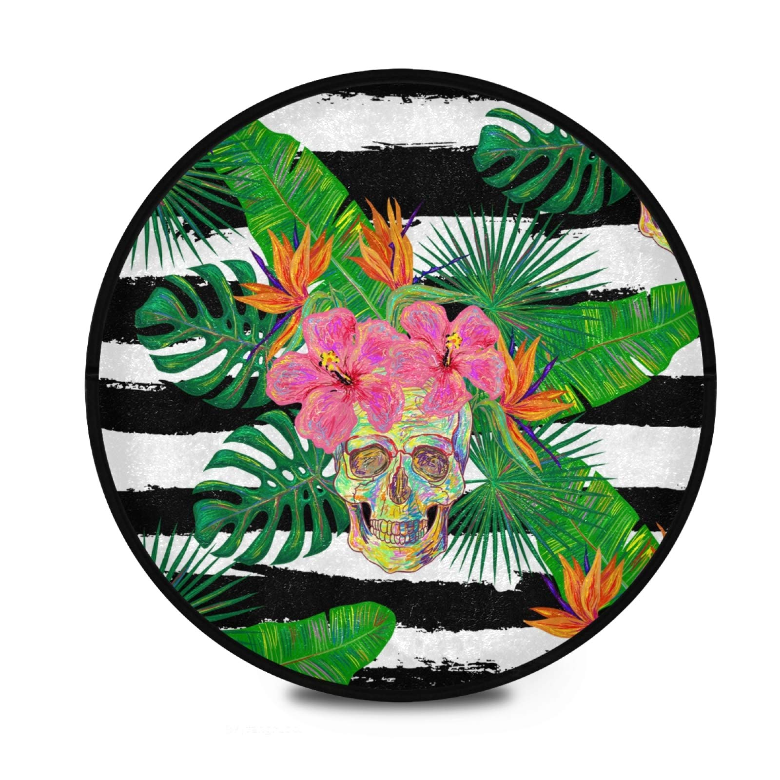 KFBE Skull Skeleton Round Area Rug 3ft - Non-Slip Doormat with Floral Palm Leaf Design - Washable Floor Mat for Yoga, Bedroom & Living Room - Perfect for Home Decor, Halloween Theme, and Bohemian Style Spaces