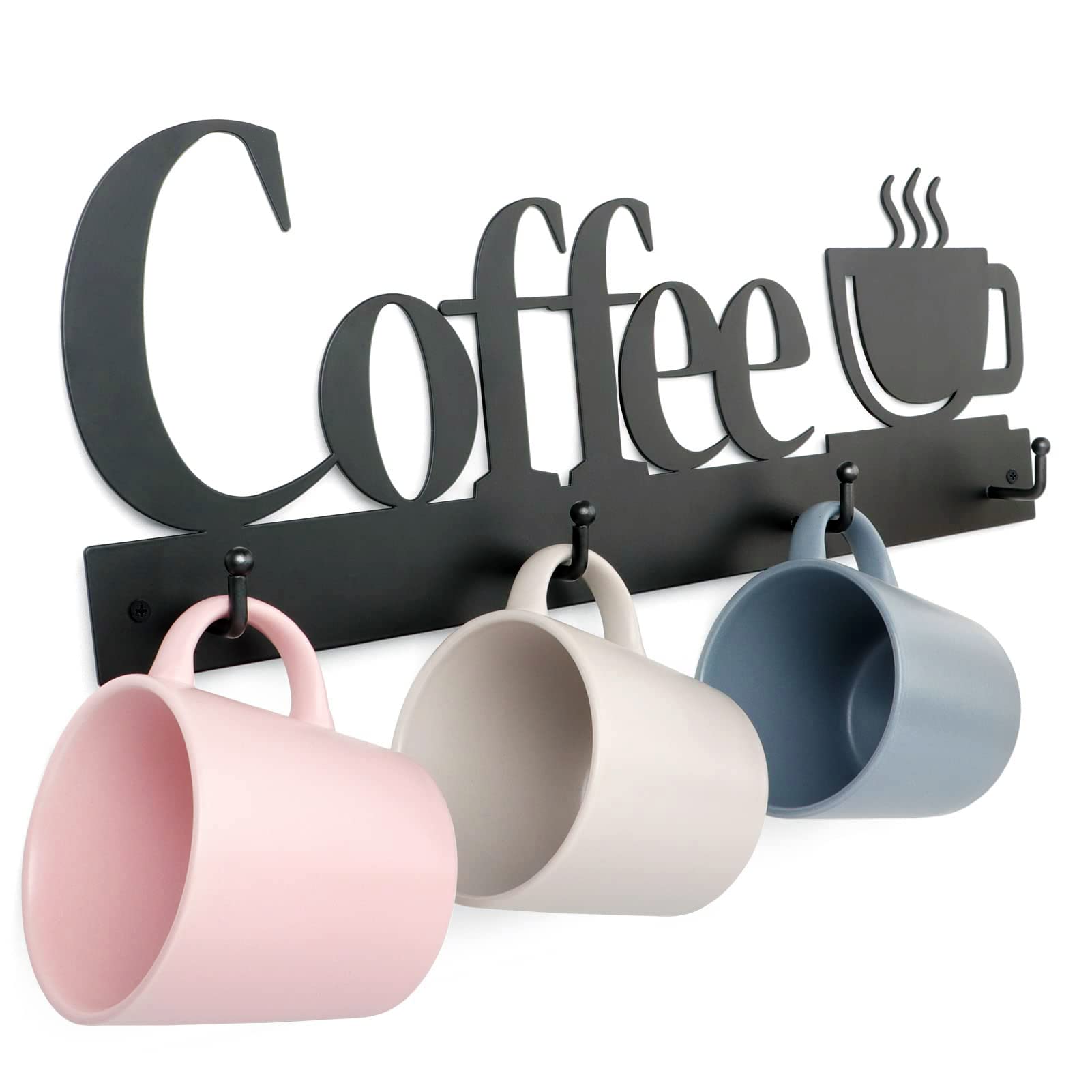 Rustproof Wall-Mounted Coffee Cup Holder with 4 Heavy-Duty Hooks - Includes Metal Coffee Sign & Cup-Shaped Logo - Perfect Kitchen & Office Decor for Coffee Bar Accessories & Tea Cup Organization