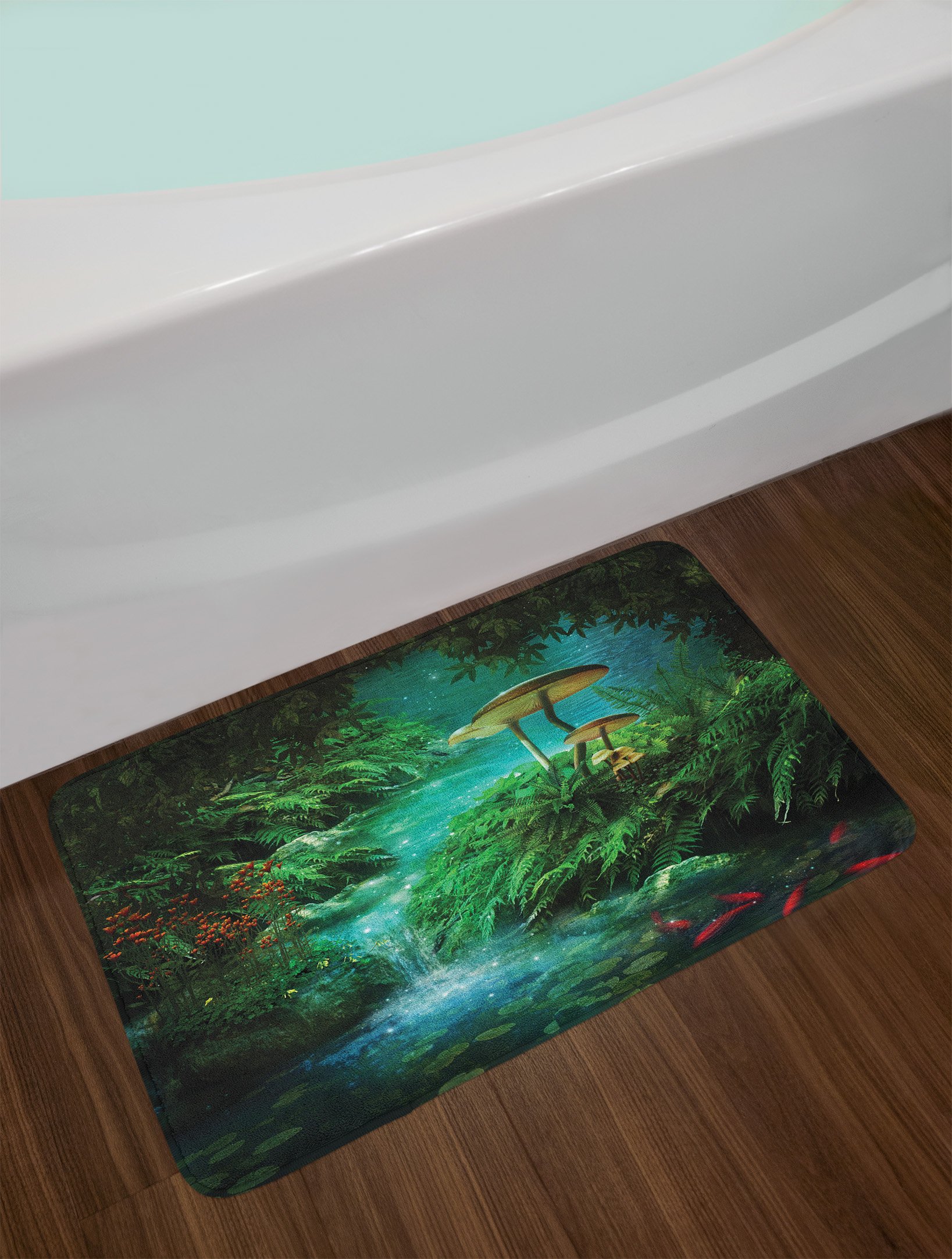 Lunarable Fantasy Bath Mat - Surreal Jungle River Pond with Fishes & Mushroom Print, Non-Slip Plush Bathroom Rug, 30.2 x 20 Inches, Green Teal & Red - Perfect for Spa, Kids' Bathroom & Boho Home Decor