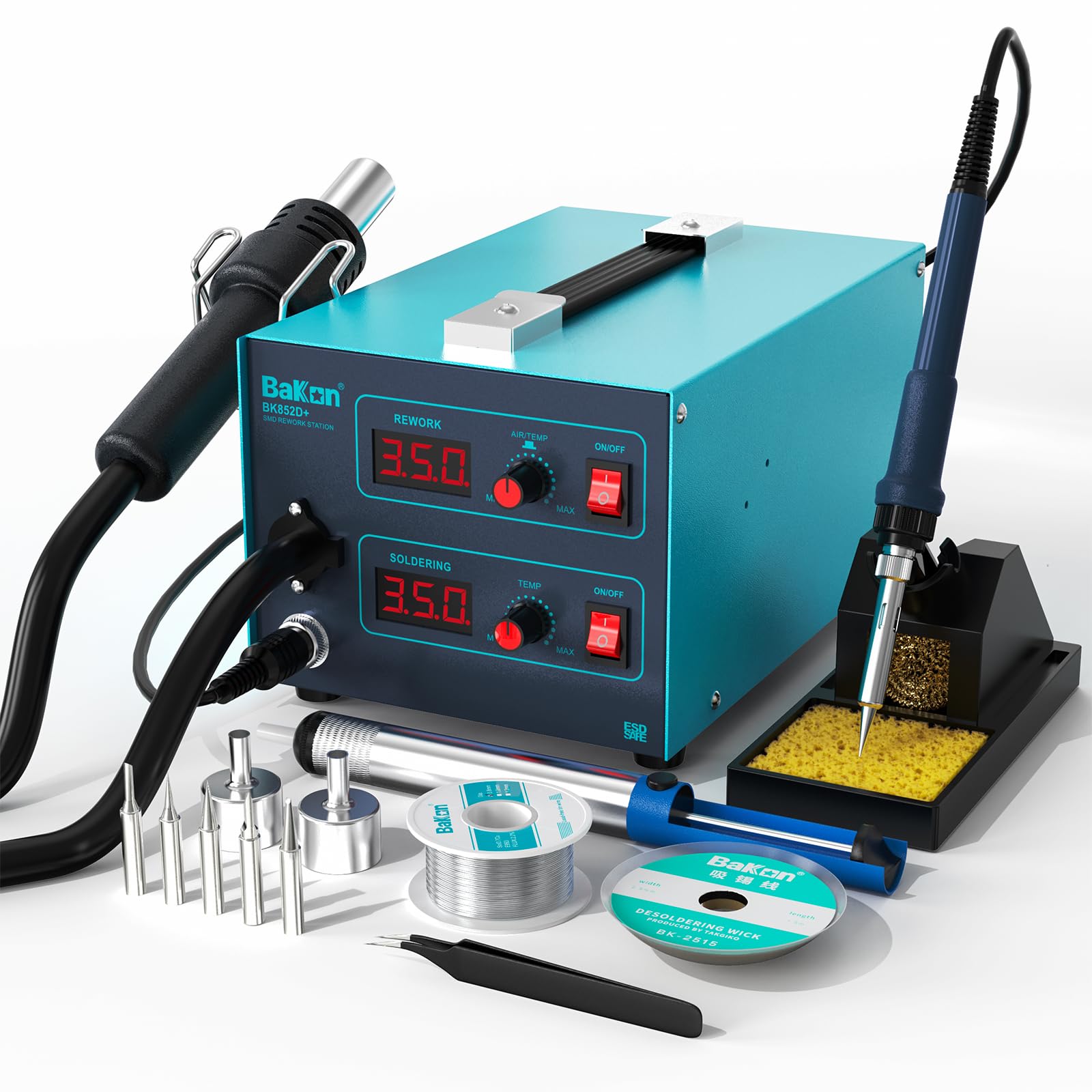 **BK852D+ 2-in-1 Heat Gun & Soldering Iron Kit – SMD Hot Air Rework Station with Digital Display & Adjustable Temperature – Perfect for Electronics Repair, DIY Projects, and PCB Soldering**