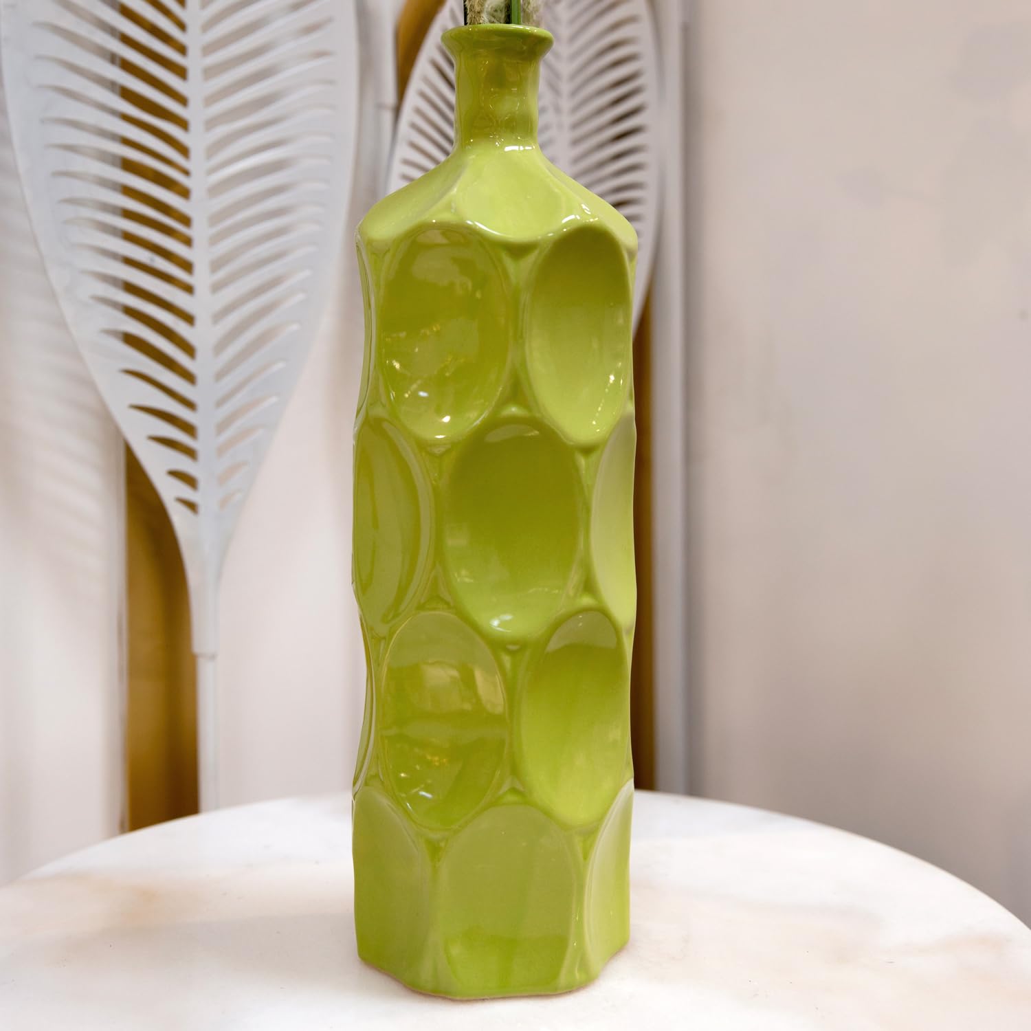 Handmade Ceramic Round Bottle Vase with Dimpled Sides - Small Glossy Green Home Decor for Centerpieces, Wedding Decor & Living Room Accents