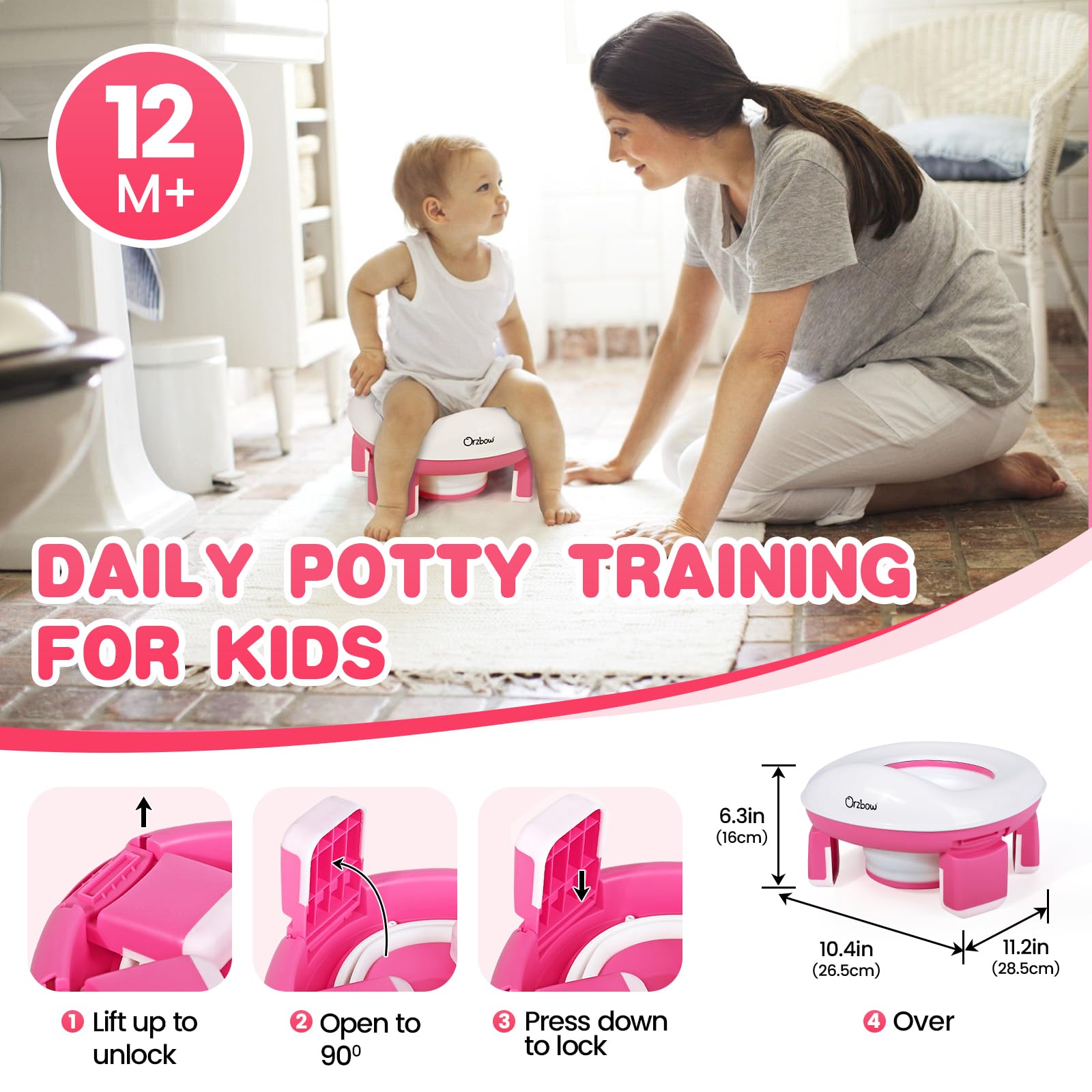 Orzbow Foldable Travel Potty Chair for Toddlers - Portable Kids Training Toilet Seat with Splash Guard, Storage Bag & 40 Disposable Bags | Perfect for Car Trips, Camping & Outdoor Adventures (Pink)