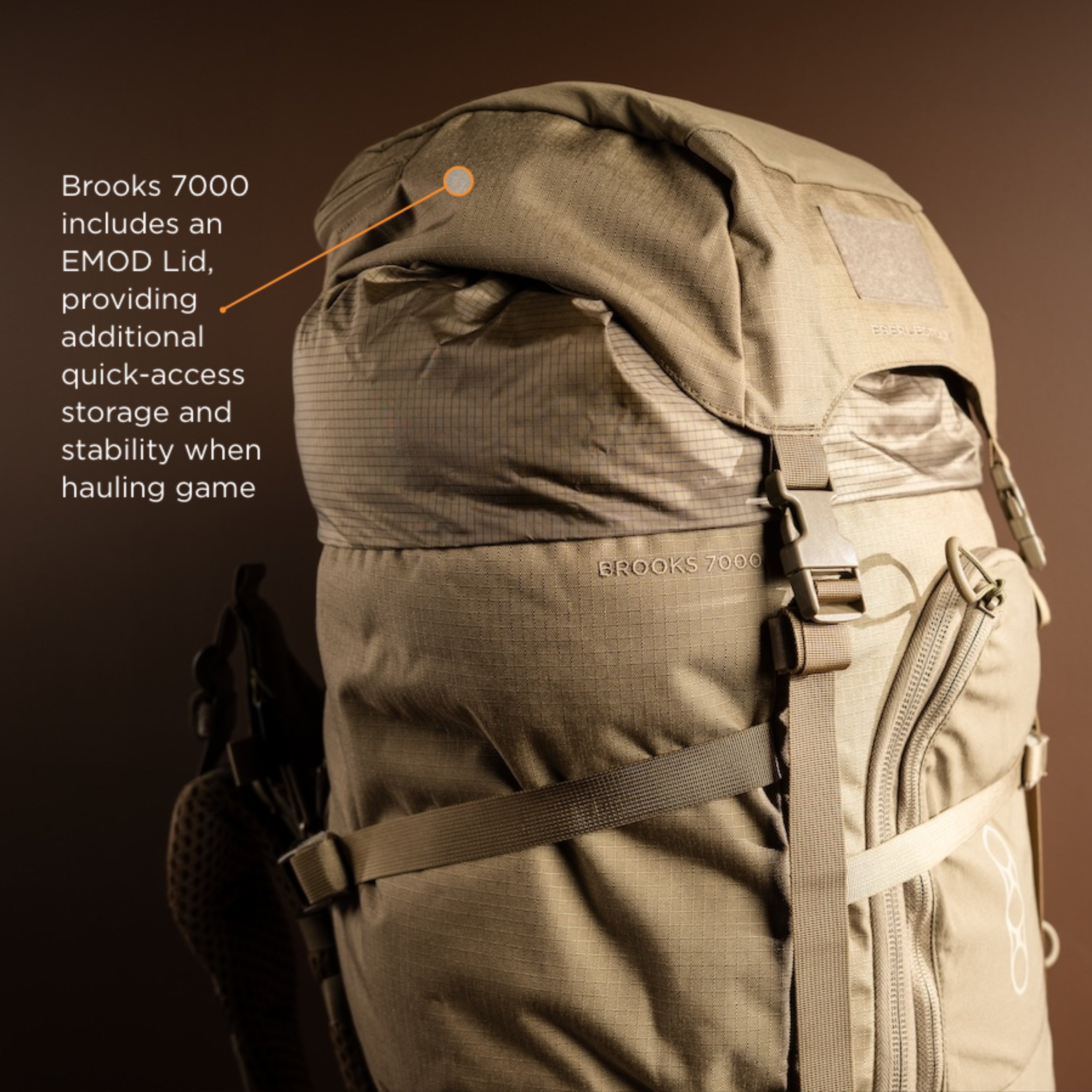 Eberlestock Brooks 7000 Lightweight Hunting Backpack with EMOD Lid & Hydration Bladder Sleeve - Durable Tactical Pack for Outdoor Adventures, Hiking, and Camping