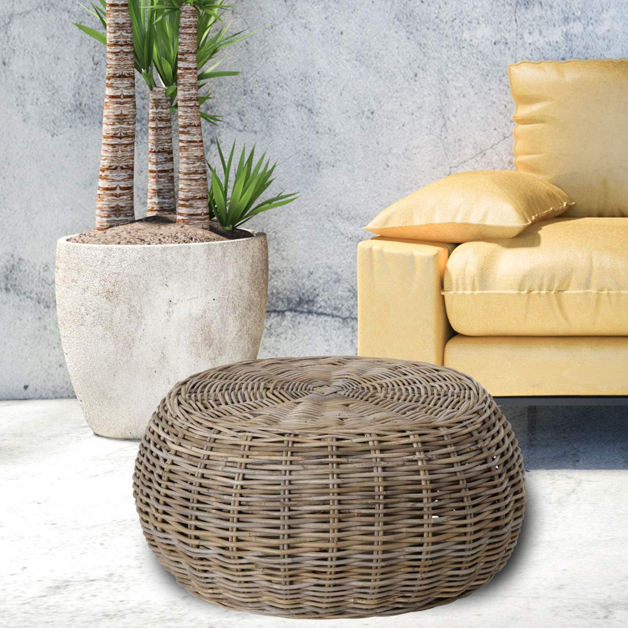 WHW Whole House Worlds Hamptons Low Rise Rattan Coffee Table - Wicker Weave Circular Design, 28.25 Inch Diameter x 13.5 Inch Height, 10.5 lbs - Perfect for Living Room, Patio, or Beach House Decor