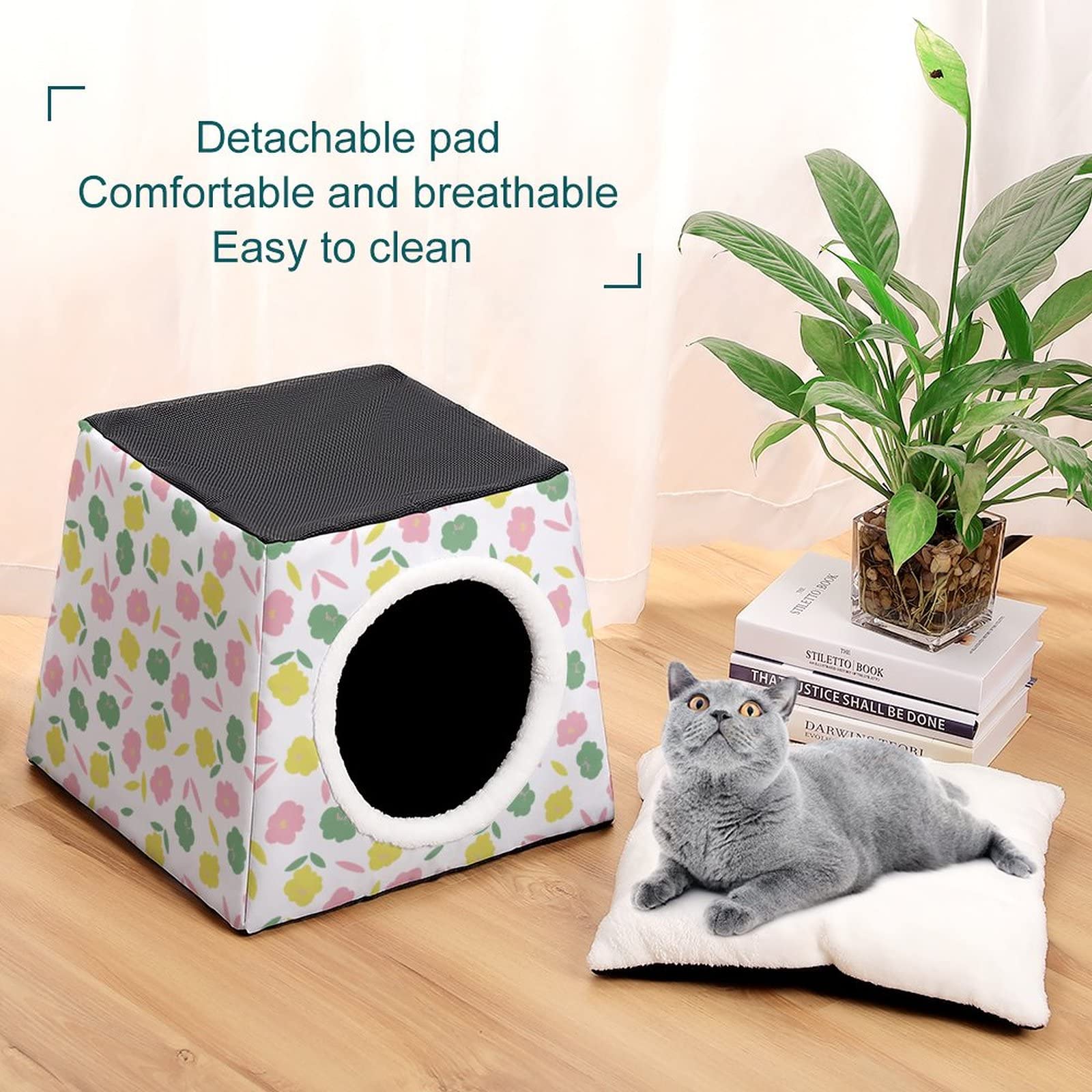 3-in-1 Foldable Cat House with Removable Cushion - Convertible Cat Bed, Sofa & Scratching Toy for Indoor Cats (Green Pink Floral Design) - Perfect for Small Spaces, Apartments & Cozy Pet Napping Areas
