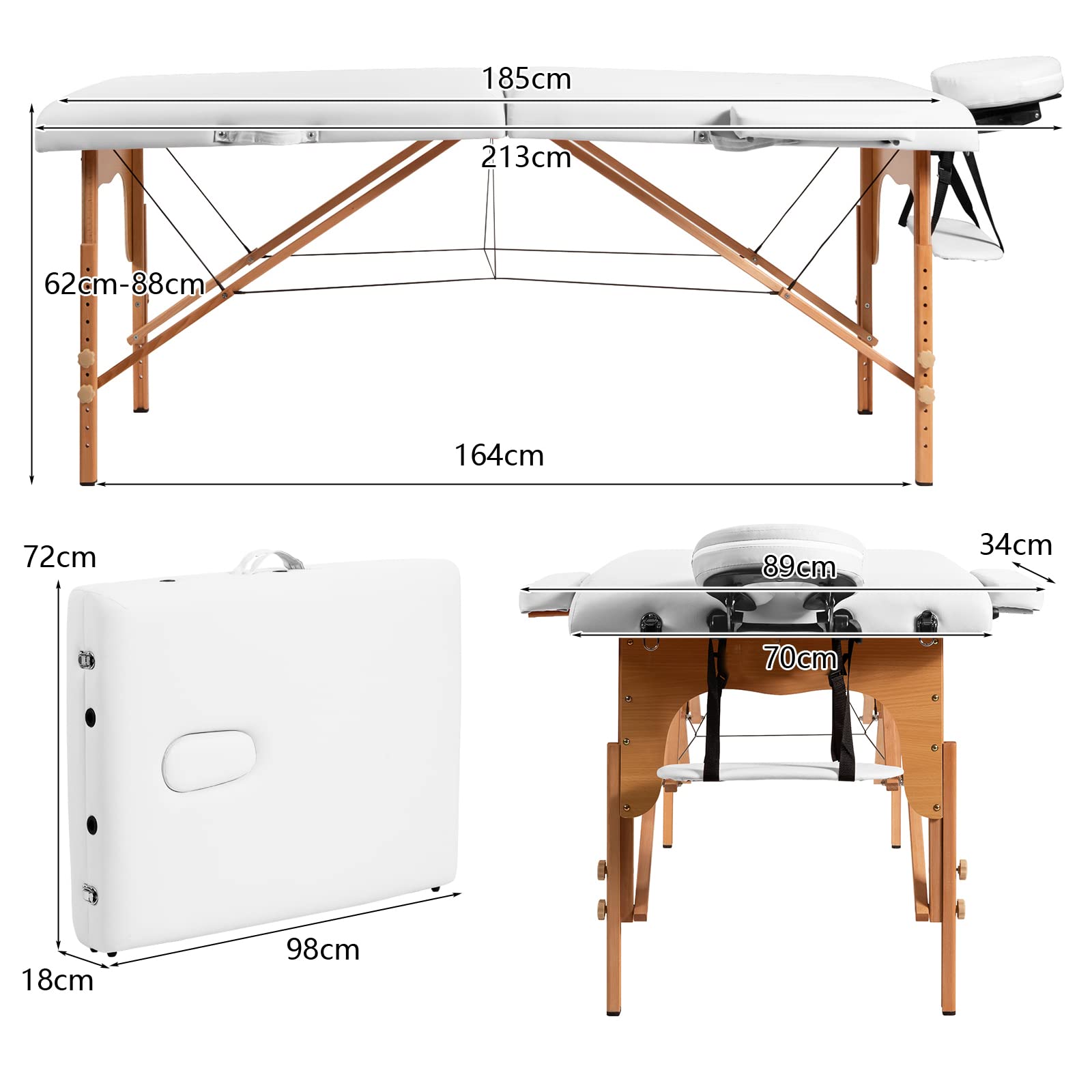 COSTWAY Portable Folding Massage Table - Adjustable Height Massage Bed with Face Cradle, Arm Rest & Carrying Case - 2-Section Salon Spa Table for Tattoo, Beauty, Therapy & Lash Extensions (White, 84