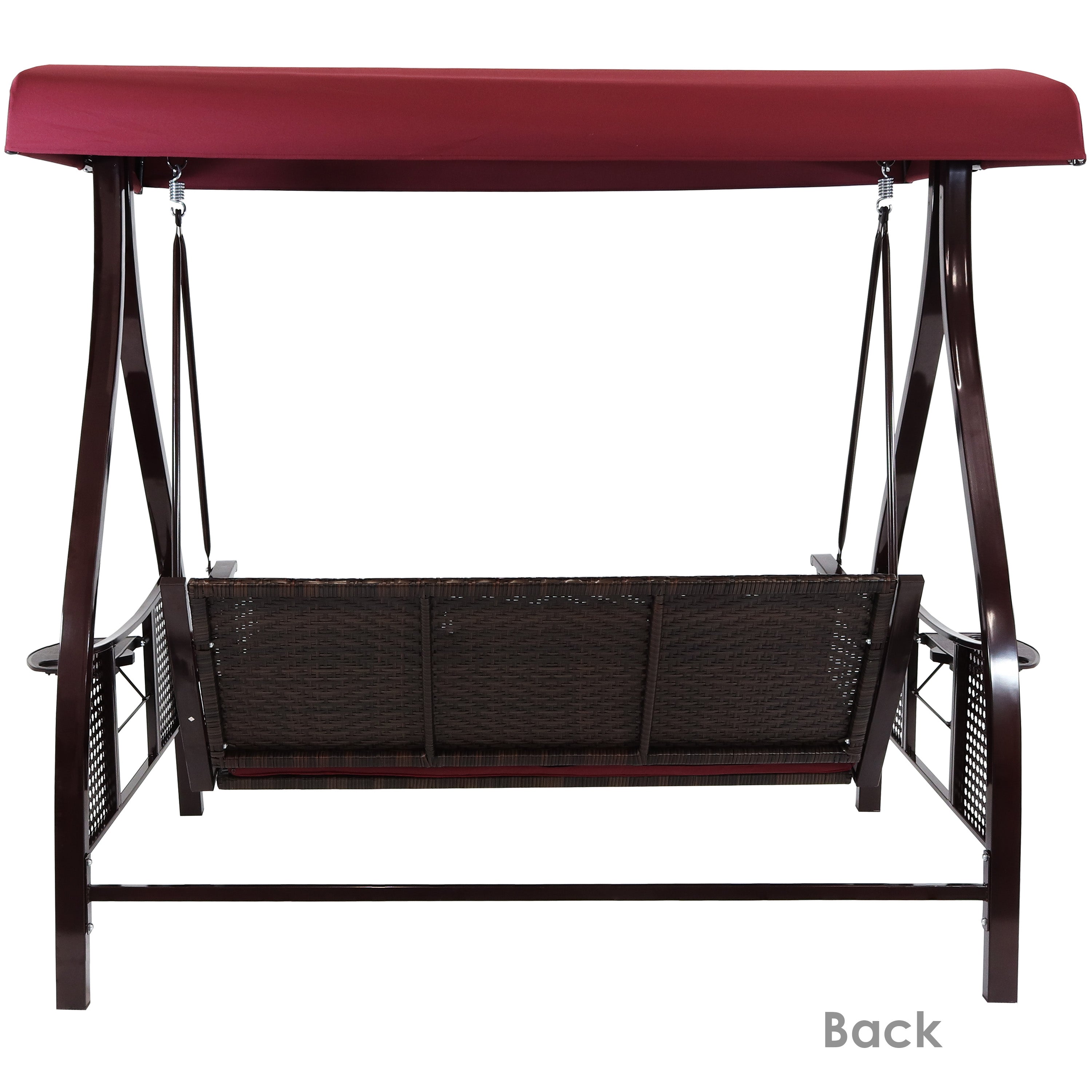 Sunnydaze 3-Person Steel Outdoor Patio Swing with Side Tables & Canopy - Merlot Red for Garden, Backyard, Porch Relaxation