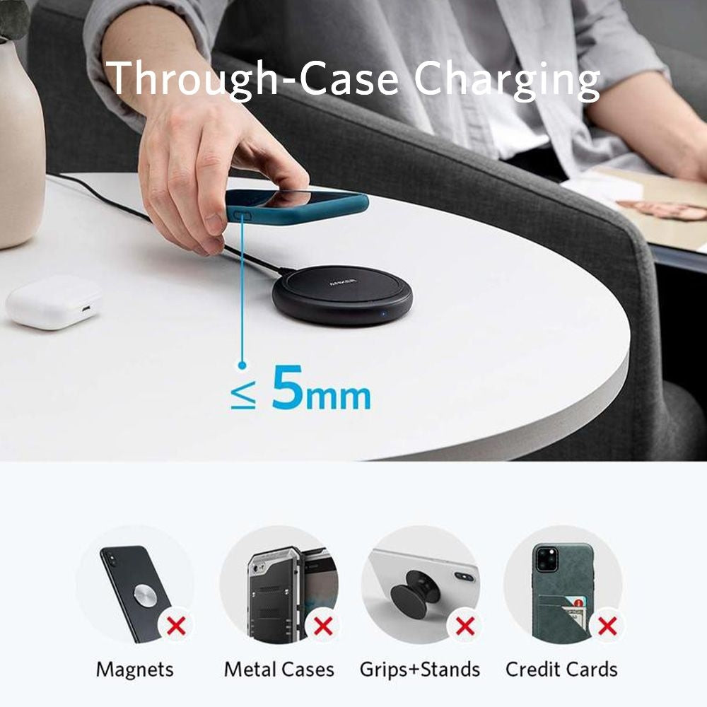 Anker PowerWave Sense Pad Wireless Charger - Fast Qi-Certified Charging Pad for iPhone, Samsung, AirPods - Black Fabric (Perfect for Nightstand, Office Desk & Car Use)