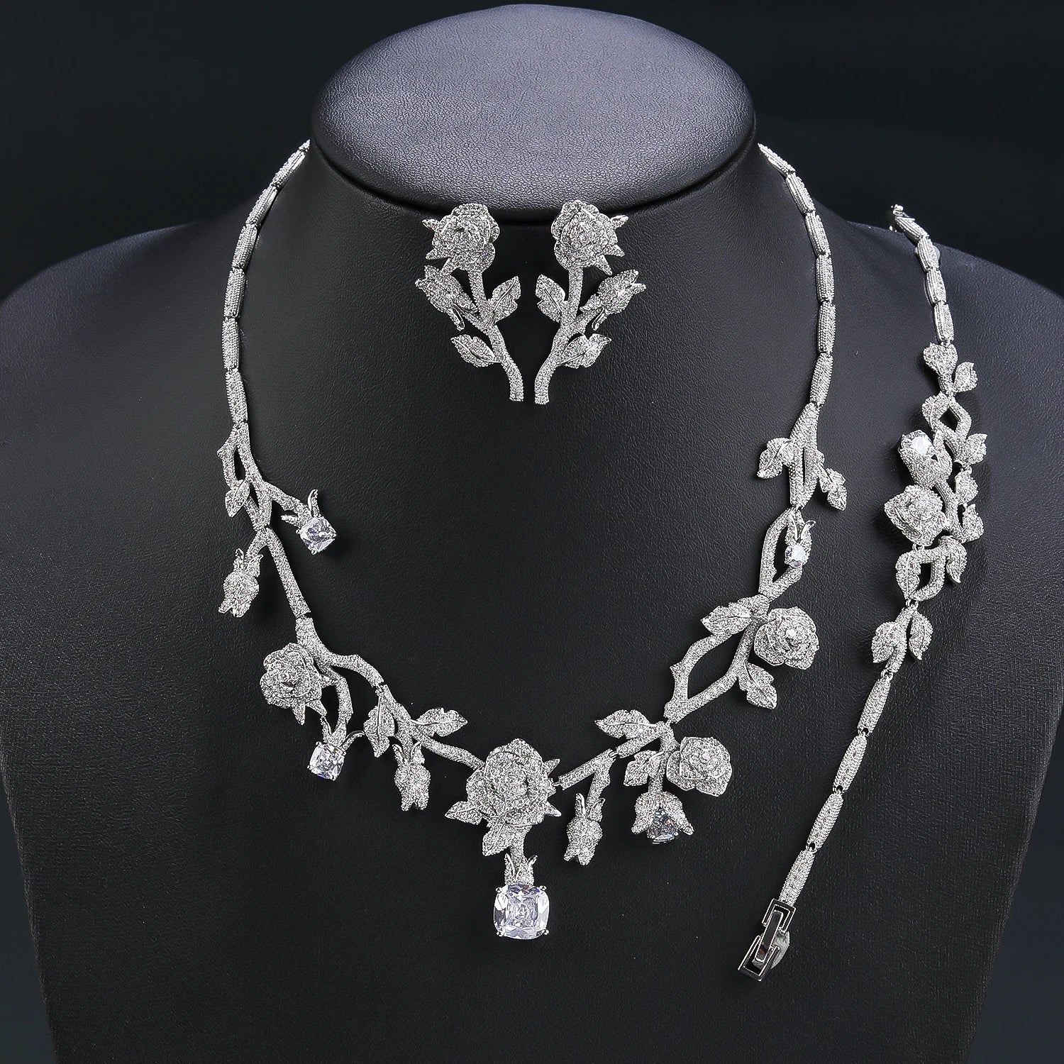 Luxury 3-Piece Cubic Zirconia Rose Flower Jewelry Set - Necklace, Earrings & Bracelet for Women | Bridal Wedding Party Accessories | Perfect for Anniversary, Valentine's Day & Special Occasions
