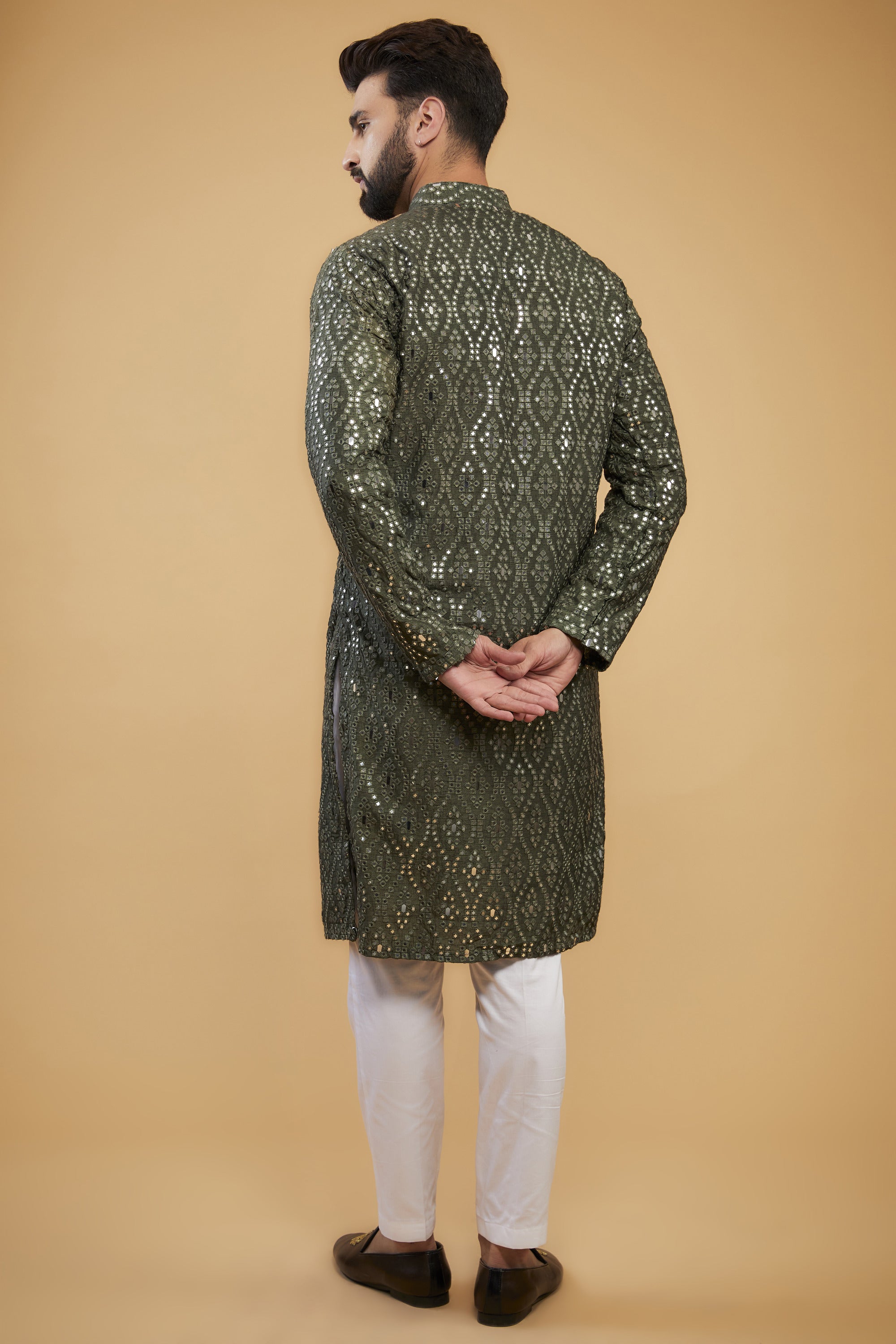 Military Green Mirror Work Kurta for Women - Embroidered Ethnic Tunic Top - Perfect for Festivals, Weddings & Casual Wear
