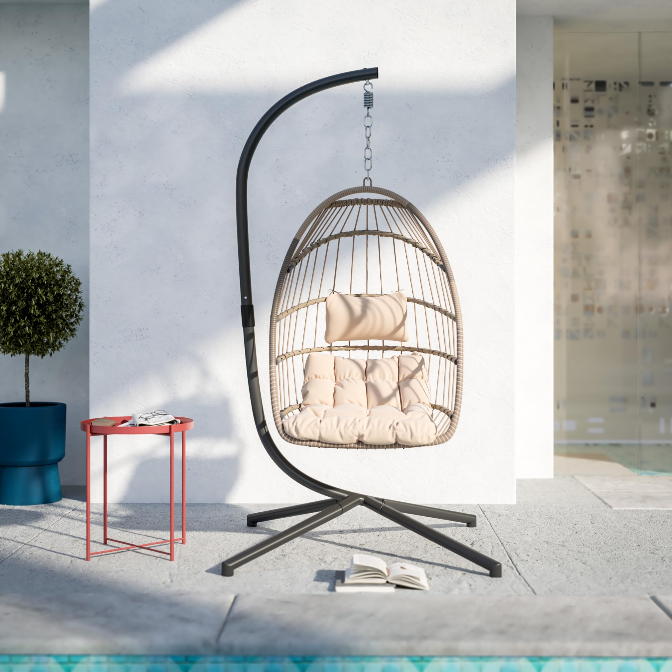 Merrick Lane Riley Hanging Egg Chair - Foldable Natural Woven Rattan Frame with Removable Cream Cushion & Included Stand - Perfect for Patio, Garden, Balcony or Living Room Relaxation