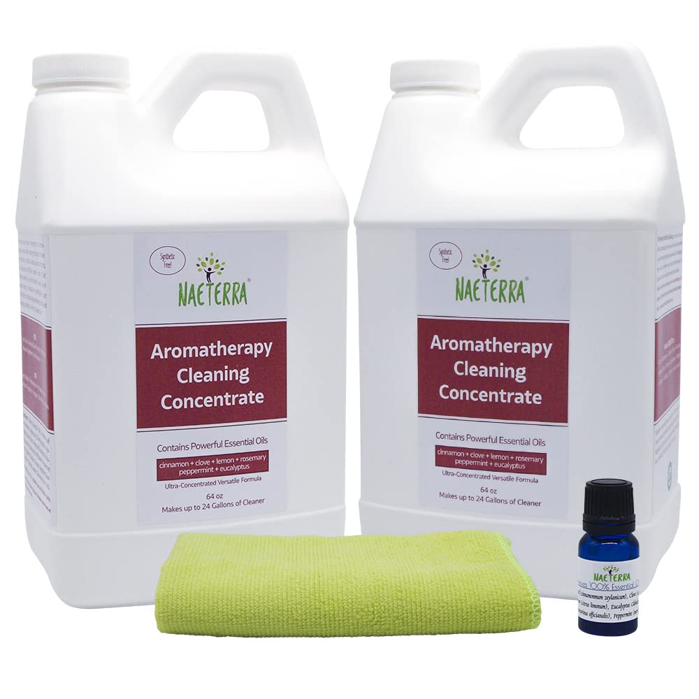 Naeterra Aromatherapy Cleaning Concentrate – 1 Gallon | All-Purpose Multi-Surface Cleaner | Includes Microfiber Towel & Essential Oil Blend (Clove, Cinnamon, Lemon, Rosemary, Eucalyptus, Peppermint) | for Home, Kitchen, Bathroom, Office | Natural Disinfectant & Deodorizer