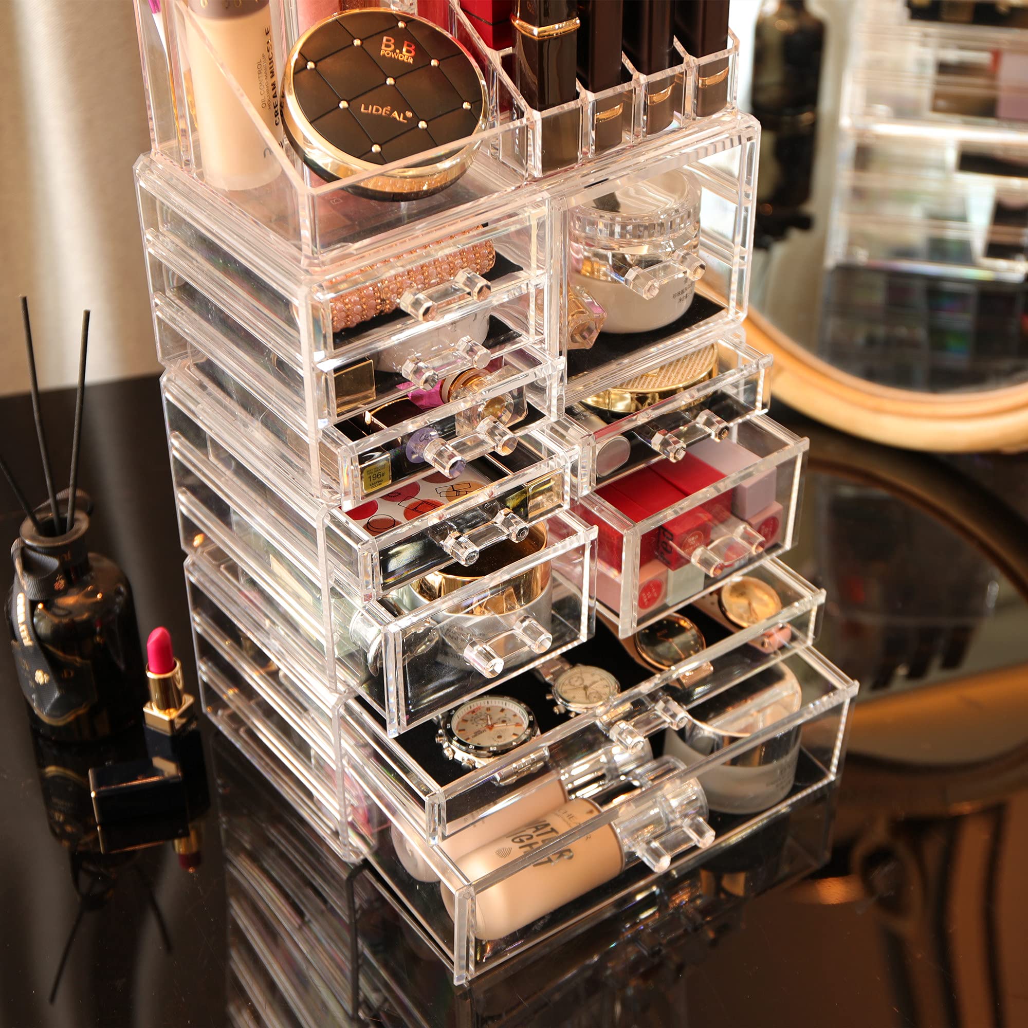 4-Pack Clear Acrylic Makeup Organizer with 10 Stackable Drawers - Countertop Vanity Storage for Jewelry, Hair Clips & Beauty Products - Perfect for Dresser, Desk & Bathroom Organization