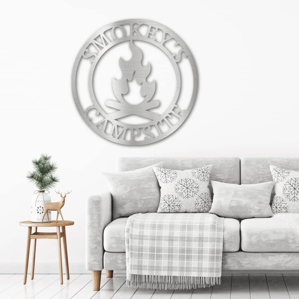 Personalized Campfire Monogram Steel Wall Sign - Indoor & Outdoor Metal Art Home Décor - 18 Inch Silver Wall Hanging for Cabin, Patio, or Living Room