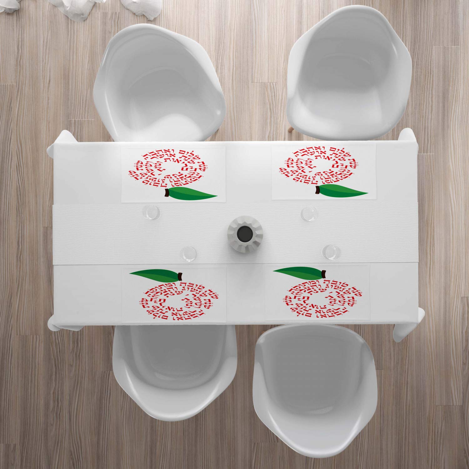 Ambesonne Hebrew Place Mats Set of 4 - Shana Tova Apple Design with Wishes on Plain Backdrop - Washable Fabric Table Mats for Dining Room & Kitchen Decor in Vermilion, Green, Dark Brown & White - Perfect for Jewish Holidays, Dinner Parties & Festive Gatherings