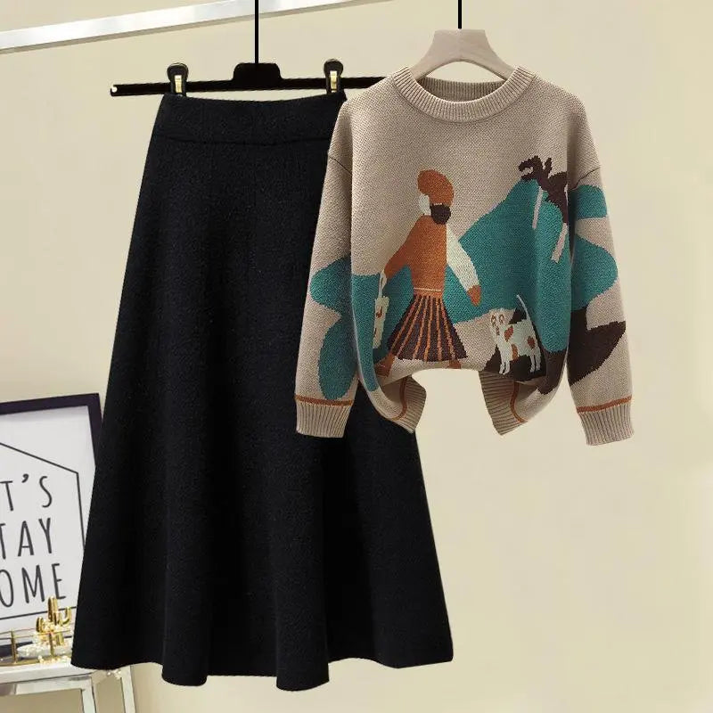 Women's Autumn Winter Knitted Sweater & High Waist A-Line Skirt 2-Piece Set - Cozy Long Sleeve Pullover & Flattering Skirt Outfit for Casual Wear, Office, and Date Nights