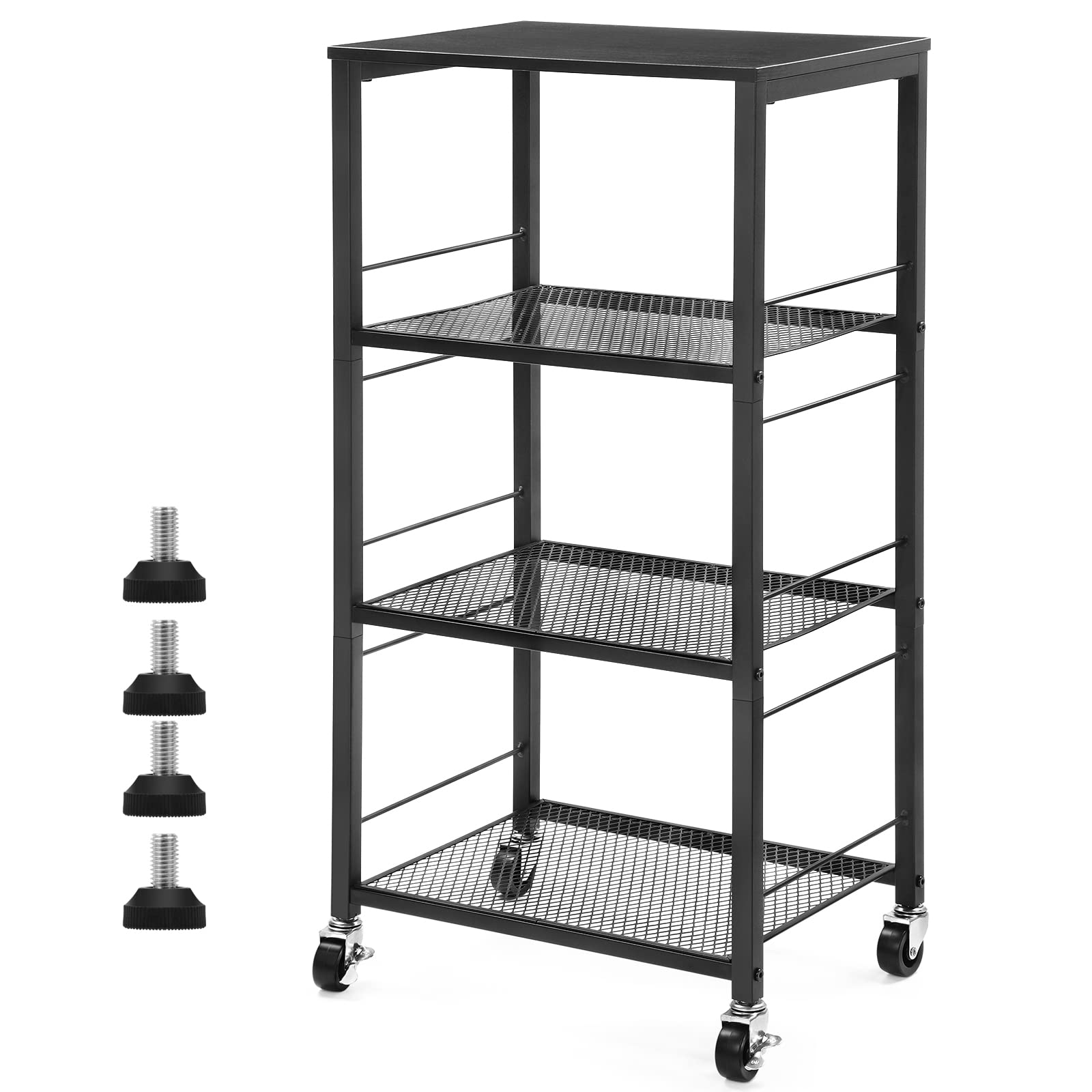 4-Tier Black Kitchen Storage Cart with Wheels - Wood Look Top & Metal Frame Pantry Utility Rack for Kitchen, Living Room, Bathroom, and Office Organization