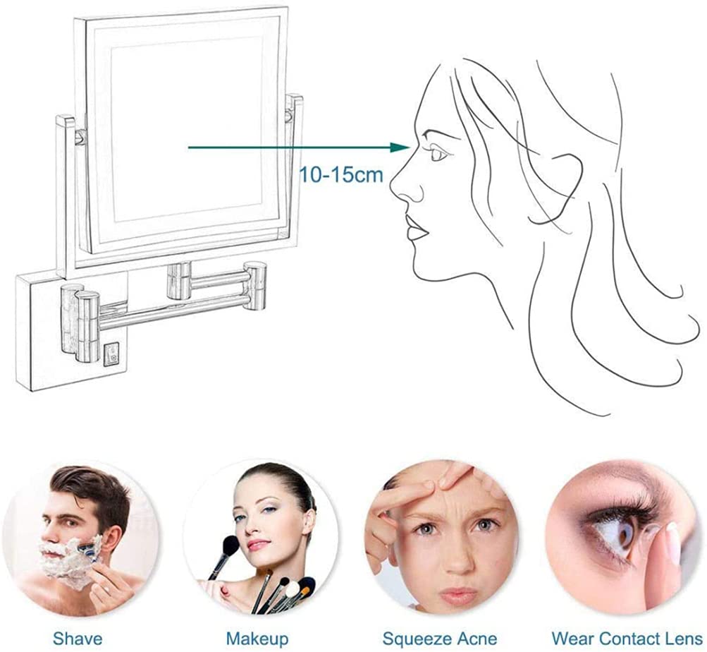 8 Inch Wall Mounted Makeup Mirror with LED Lights & 3X Magnification - Double Sided Vanity Mirror with Extendable Arm for Bathroom, Bedroom & Hotel Use - USB Charging, Black - Perfect for Makeup Application, Shaving & Skincare Routines