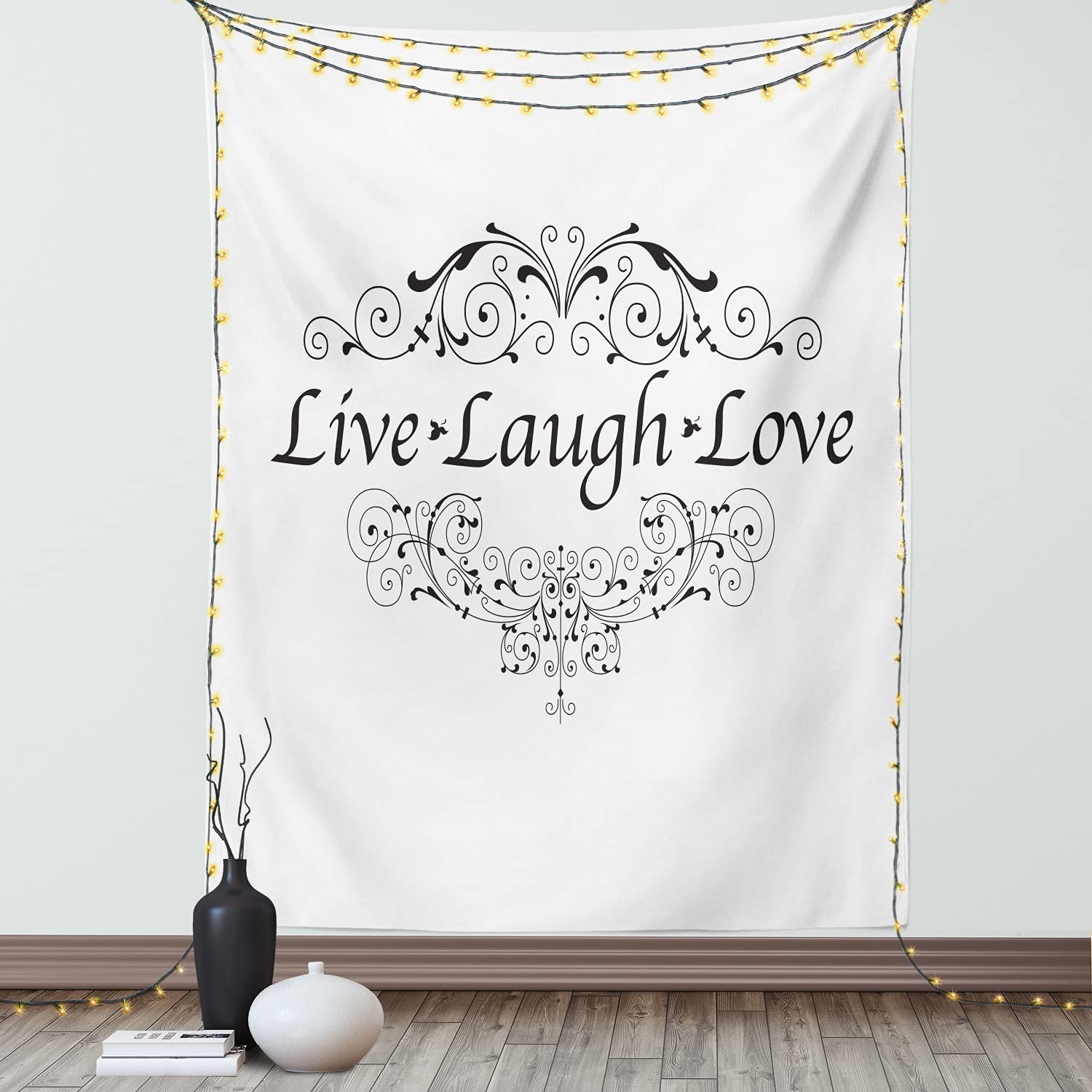 Ambesonne Love Tapestry Wall Hanging - 40x60 Inch Live Laugh Love Curlicue Swirls Decor for Bedroom, Living Room, Dorm | White & Dark Grey Bohemian Style Home Decor | Perfect for Meditation Spaces, Yoga Rooms & Cozy Reading Nooks