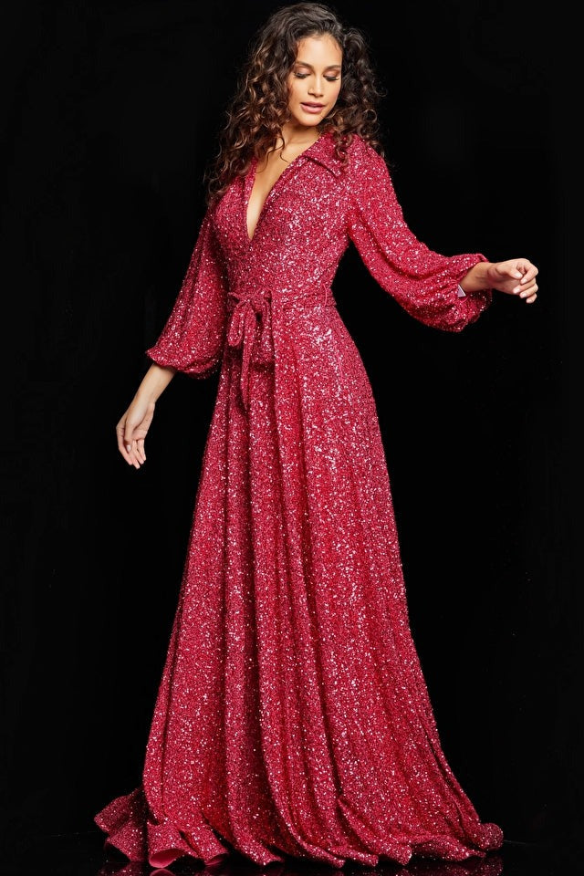 Jovani 25950 Raspberry Embellished Long Sleeve Formal Gown for Women - Elegant Evening Dress for Prom, Wedding, and Black Tie Events