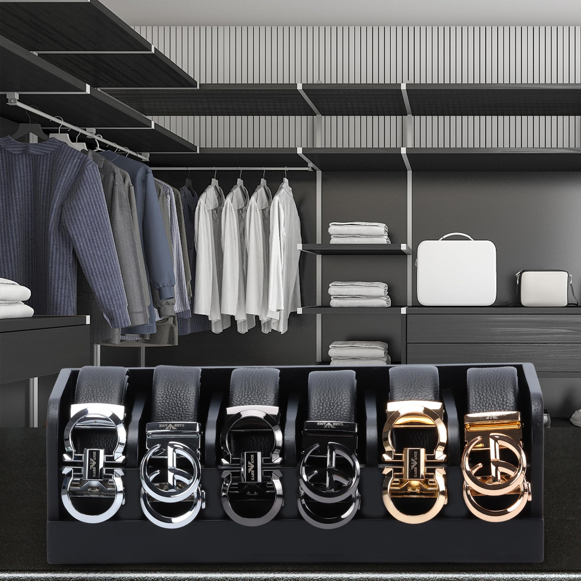 MinBoo 6-Slot Bamboo Belt Organizer - Premium Belt Storage Rack for Closet & Drawer - Men's & Women's Belt Display Case - Perfect for Home Closet Organization & Travel Packing