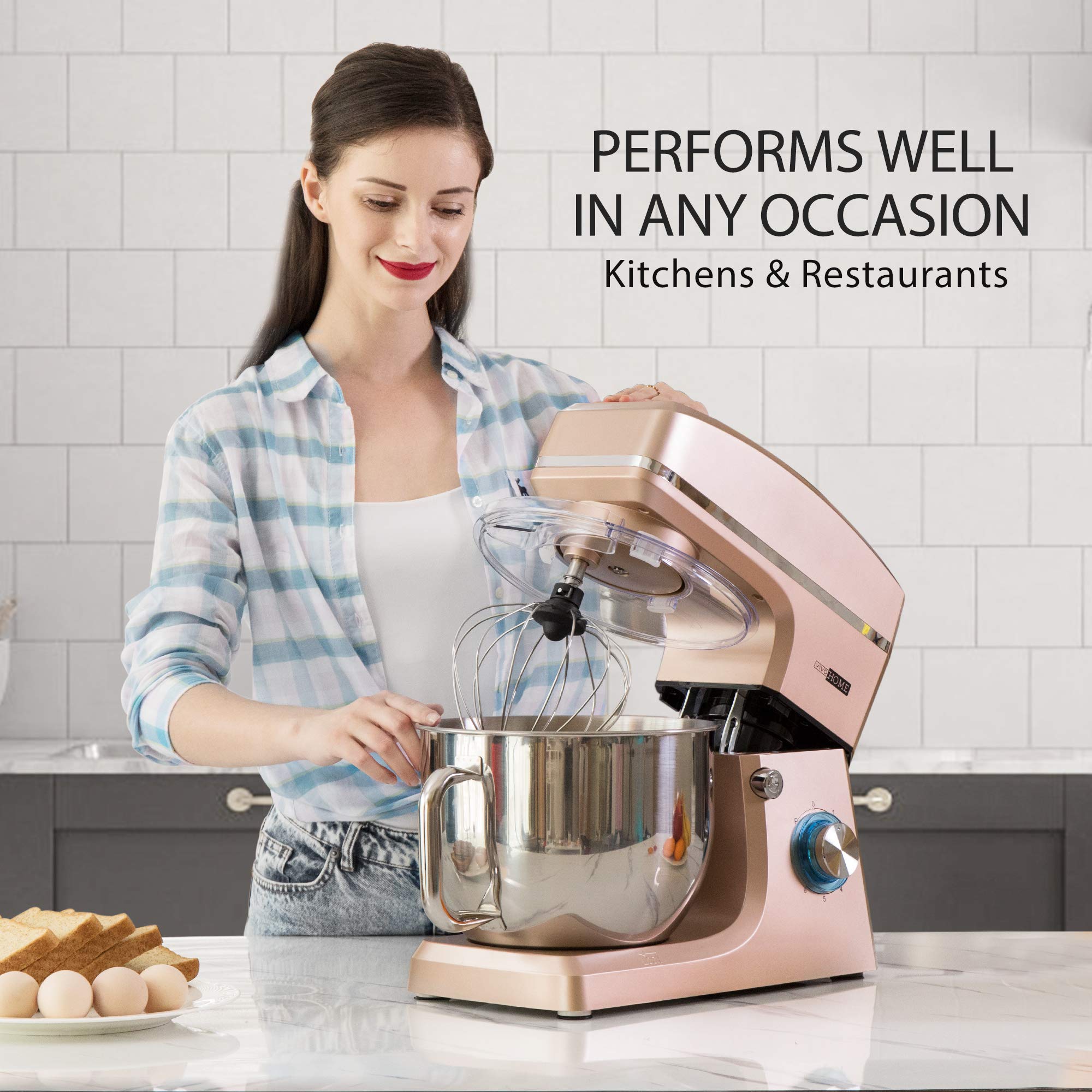 VIVOHOME 7.5 Quart Stand Mixer 660W - 6-Speed Tilt-Head Electric Kitchen Mixer with Beater, Dough Hook, Wire Whip & Egg Separator - Champagne Color - Perfect for Baking Cakes, Cookies, Bread & Pastries at Home