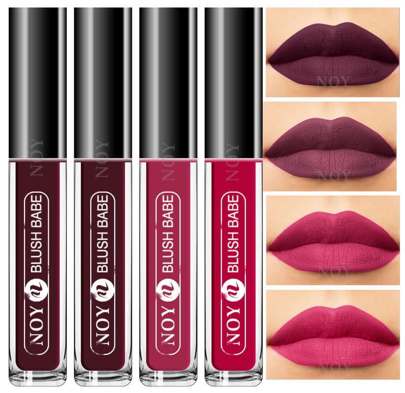 NOY Smudgeproof Matte Liquid Lipstick - Long Lasting, Waterproof Lipstick Set (Wine, Coffee Wine, Purple, Magenta) - Combo of 4 Shades for Soft & Romantic Looks - Perfect for Date Night, Parties & Special Occasions