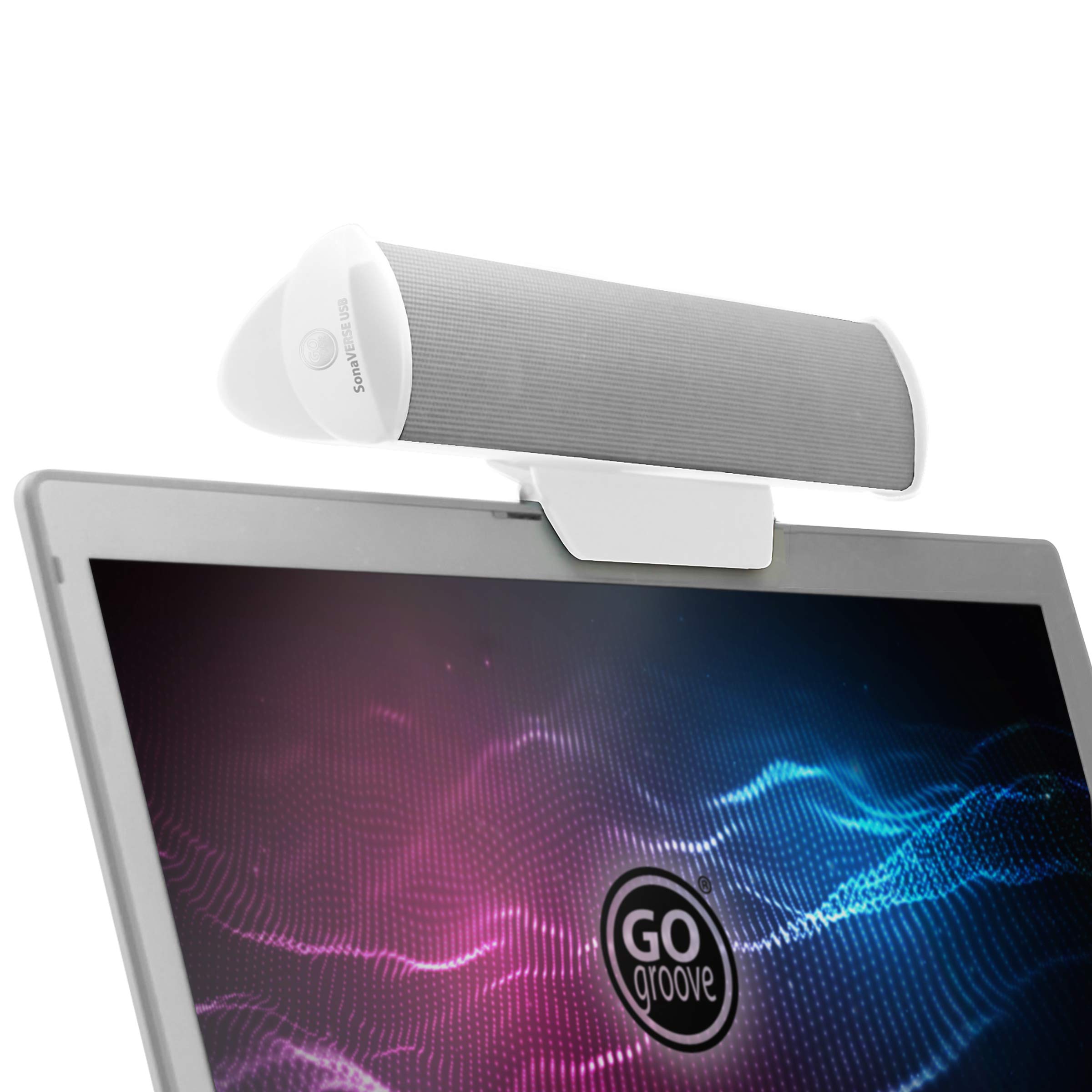 GOgroove SonaVERSE USB Powered Mini Sound Bar - Portable External Computer Speaker with Clip-On Design for Laptops & Monitors | Digital Audio Input & Power via Single USB Cable (White) | Perfect for Home Office, Gaming & Music Streaming